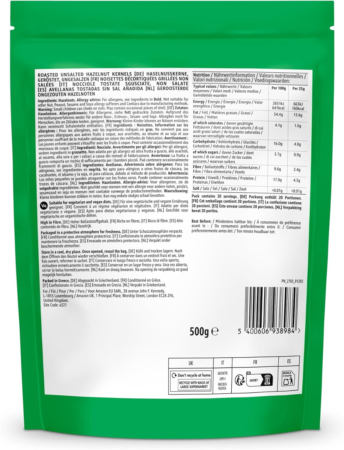Detalle 2 de Noisettes Grillées 500 g by Amazon — fibre et choix vegan à considérer