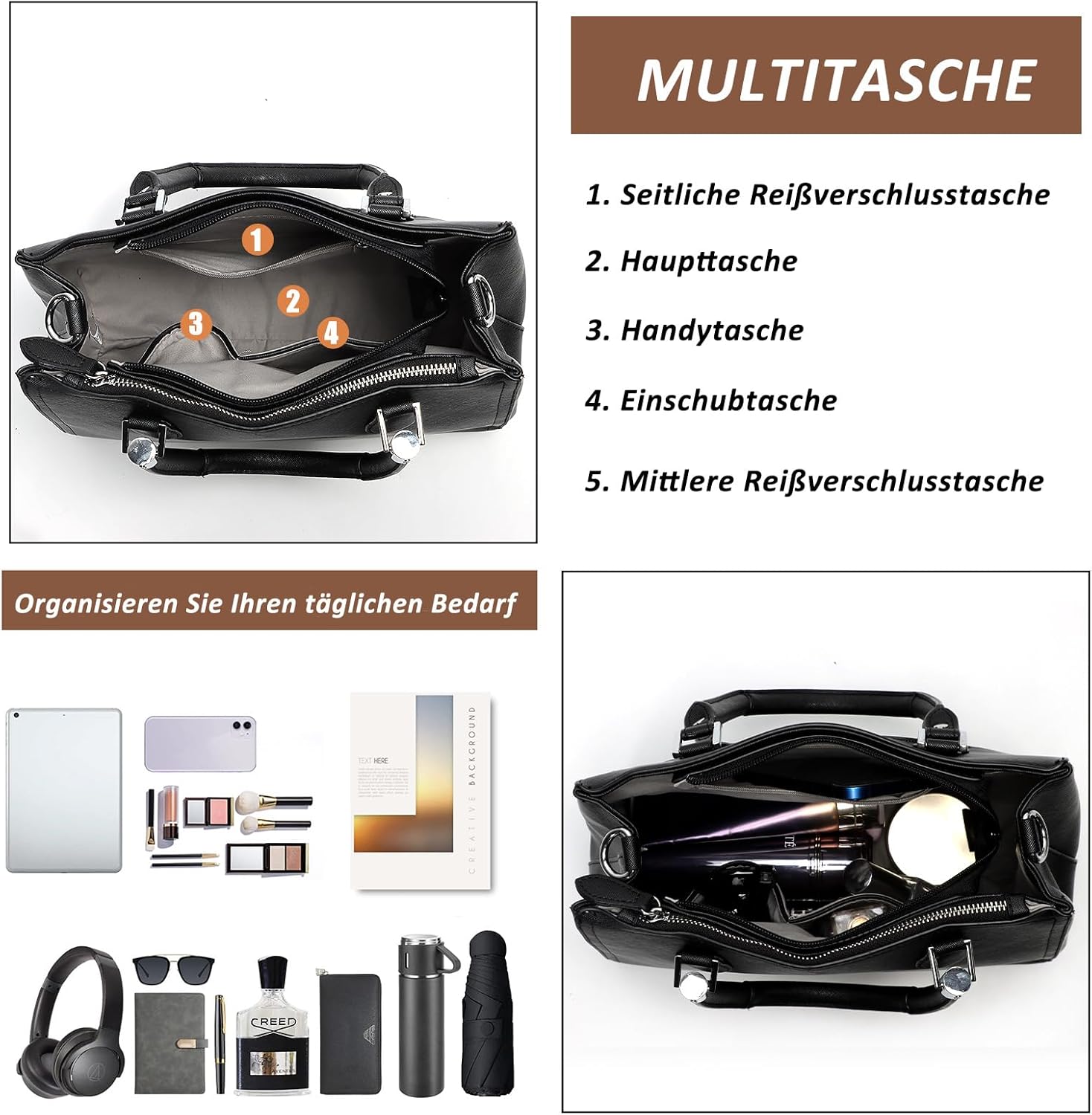 Thumbnail 3 de TAN.TOMI Handtasche für Damen (Henkeltasche/Business- & Crossbody-Option) – mit mehreren Fächern, Reißverschlüssen & abnehmbarem Riemen