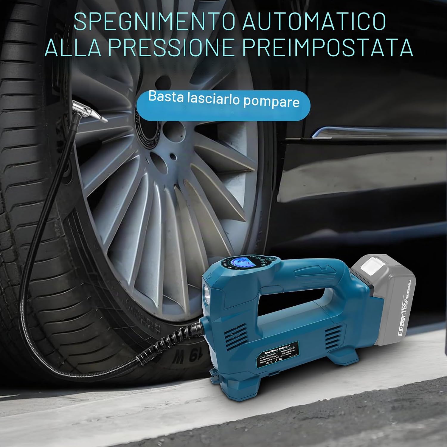 Detalle 2 de Powarobor compressore/gonfiatore portatile per batterie Makita 18V da 10,34 bar (150 PSI) con LED e spegnimento automatico