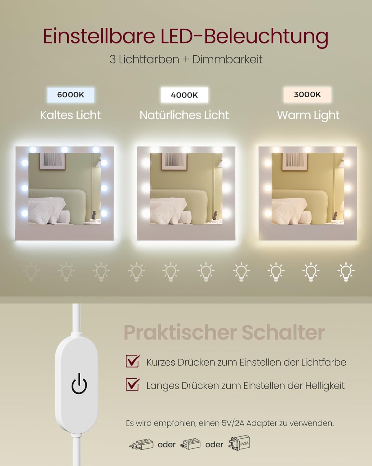 Thumbnail 3 de VASAGLE Kailyn Schminktisch mit LED‑Spiegel, 9‑Lampen 🎀