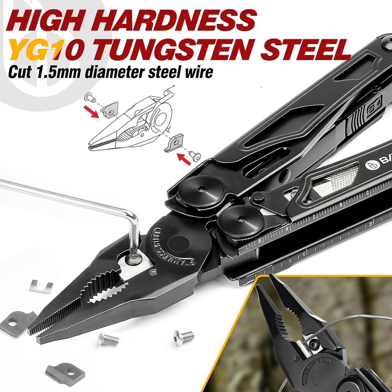 Thumbnail 2 de BIBURY 16-in-1 faltbare Zange mit verbesserter Schere und Schraubendreher – 3Cr13 Stahl, Nylontasche