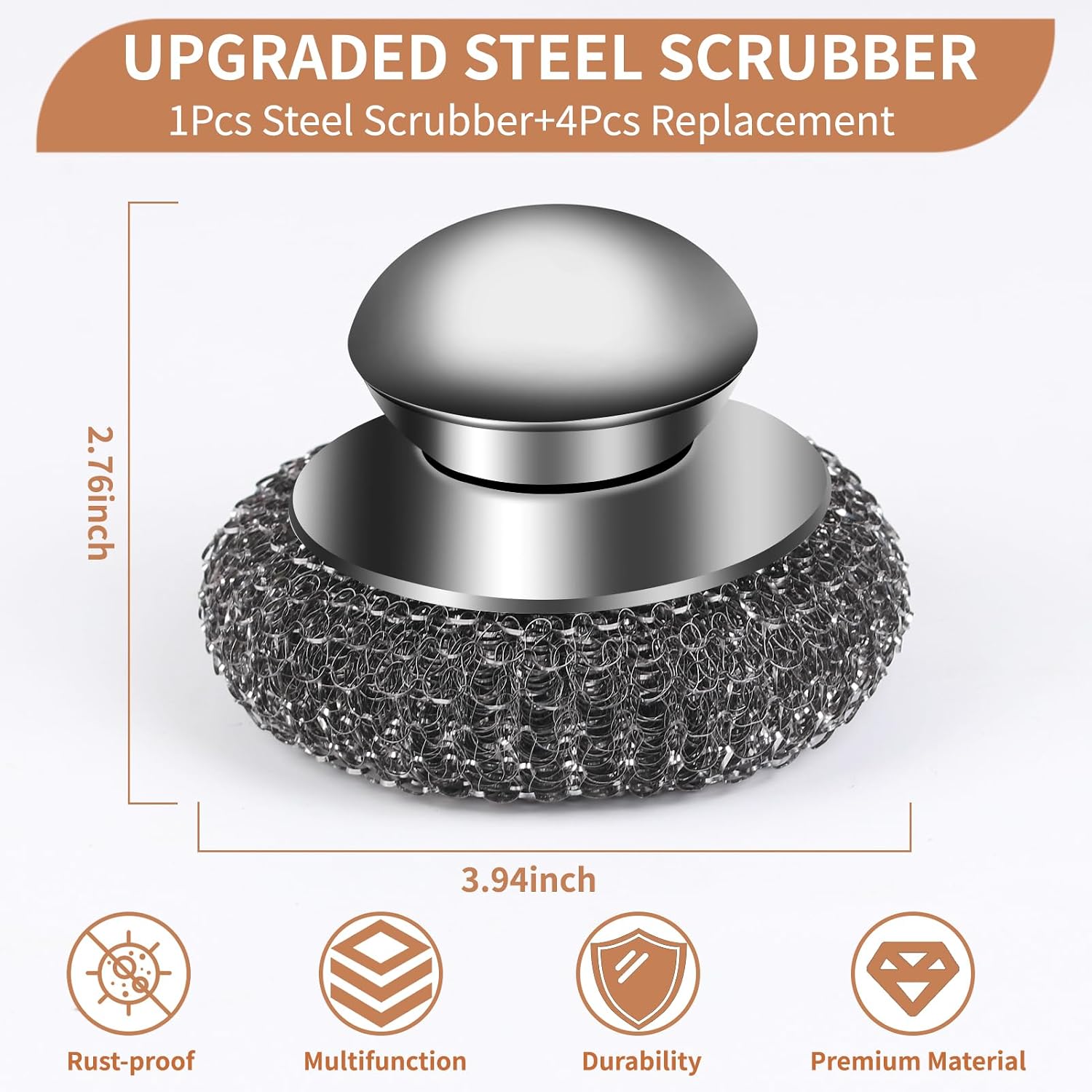 Thumbnail 2 de 5Pcs Steel Wool Scrubber with Replacement Pads Set — Stainless Steel Scrubber with Handle for Tough Grime