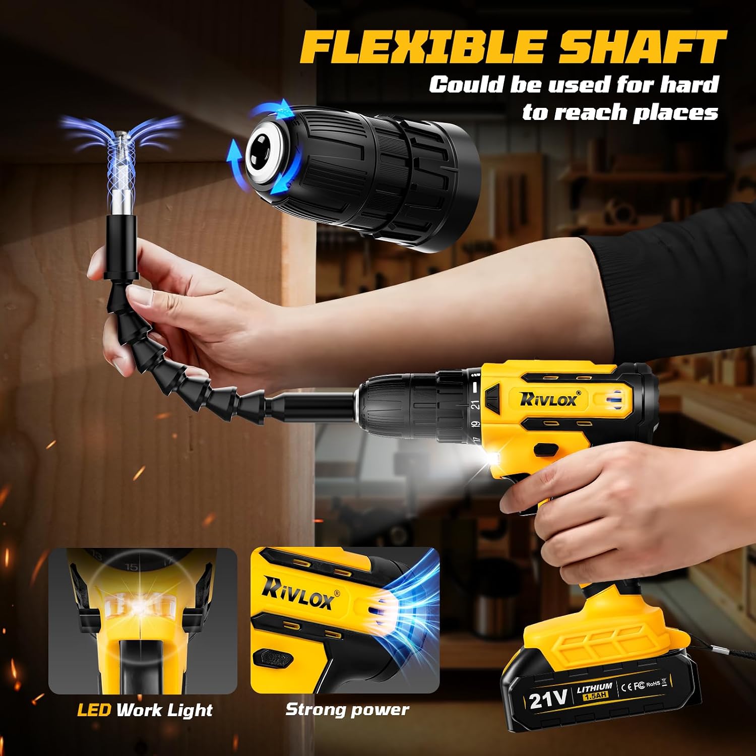 Thumbnail 5 de Rivlox Cordless Drill Set 21V – 21+1 Torque Combi Drill with 1.5Ah Battery and UK Charger