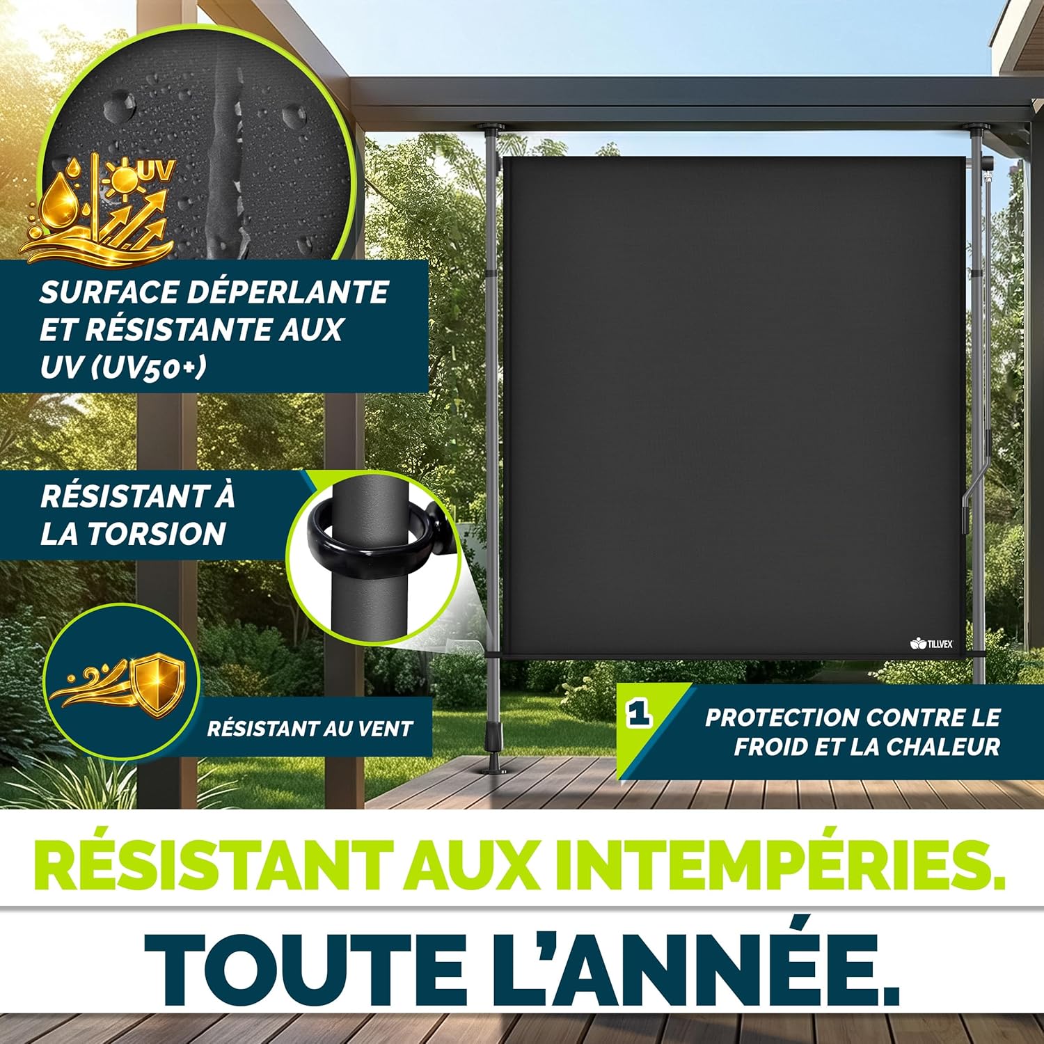 Thumbnail 5 de Tillvex Store vertical 150 x 310 cm anthracite avec manivelle — Brise-vue extensible et étanche, sans perçage