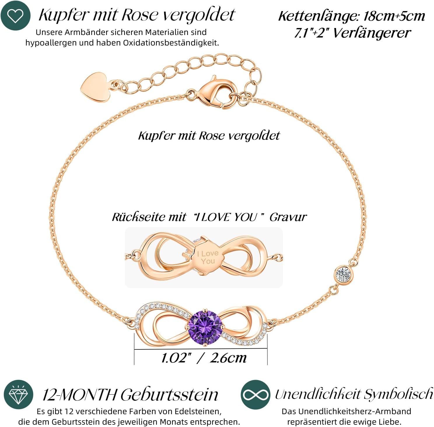 Detalle de CDE Infinity Armband Damen Herz Geburtsstein – Rosegold, verstellbar