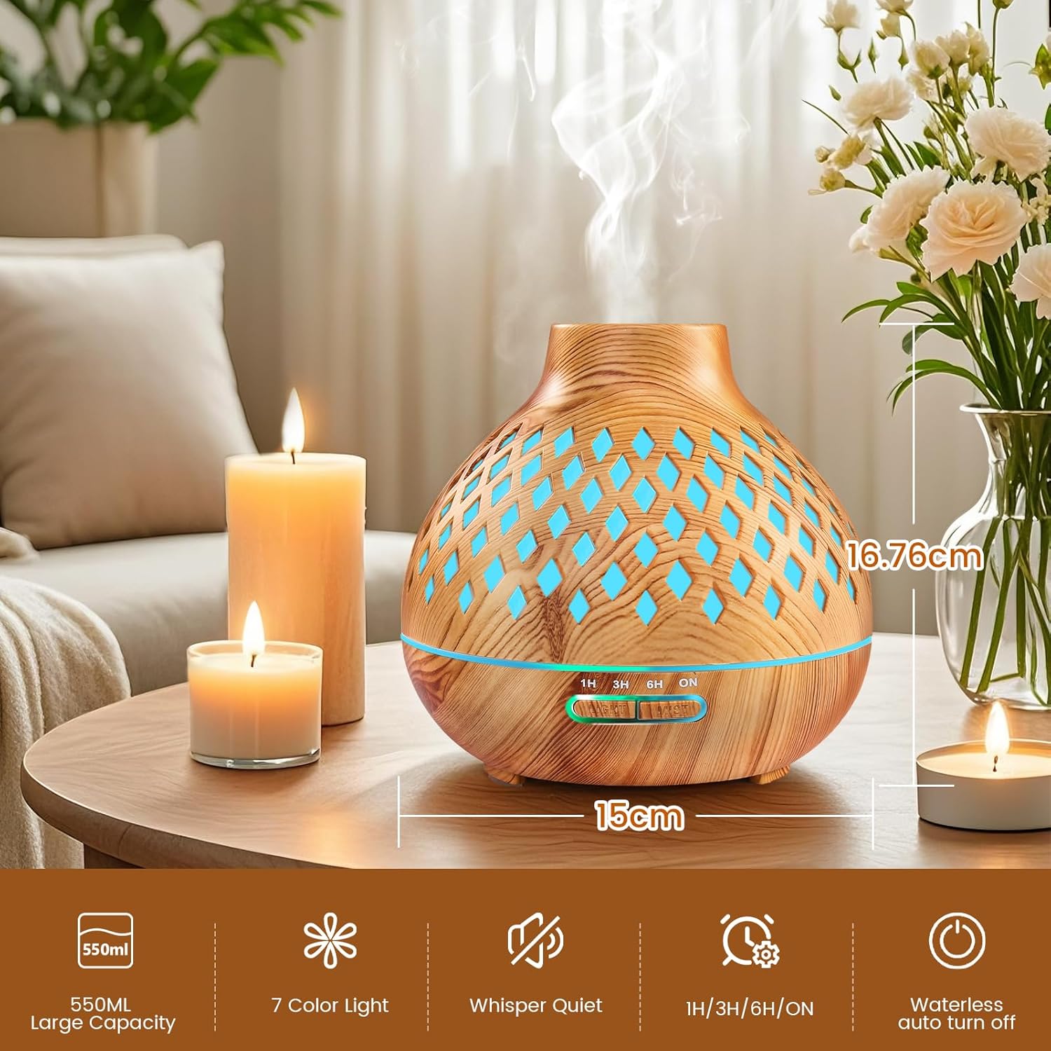 Detalle 2 de Aeshory 00142 aroma diffuser 550 ml met 12 oliën, ledlicht en automatische uitschakeling