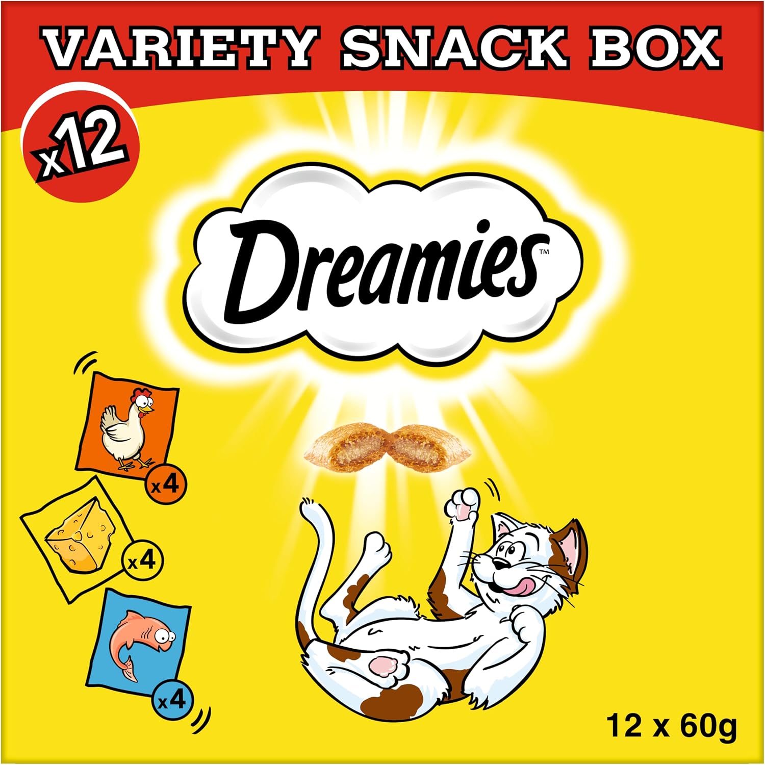 DREAMIES Katzensnacks – Variety Box 12x60 g mit Huhn, Käse und Lachs