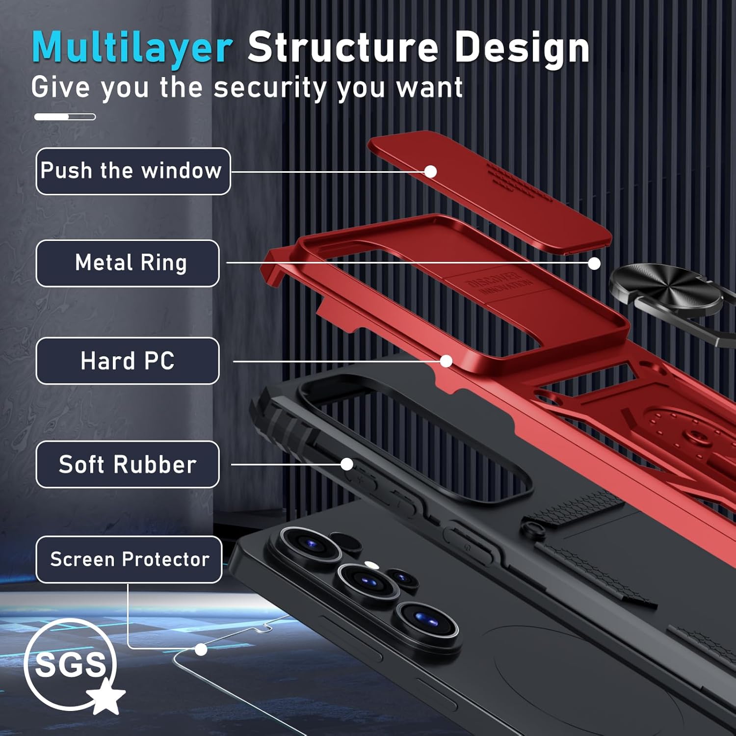 Thumbnail 3 de Janmitta Heavy-Duty Case for Samsung Galaxy S26 Ultra with Built-in Slide Camera Lens Cover, Screen Protector, and Kickstand – 2026 Red