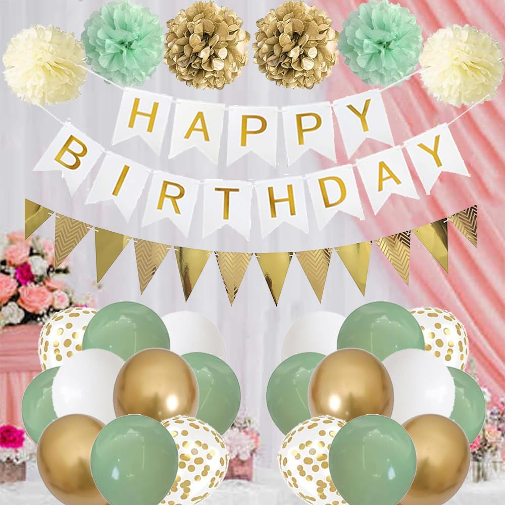 Thumbnail 4 de Geburtstag Dekoration Weiß Gold – Banner, Pompons & Ballons-Set für Festlichkeiten