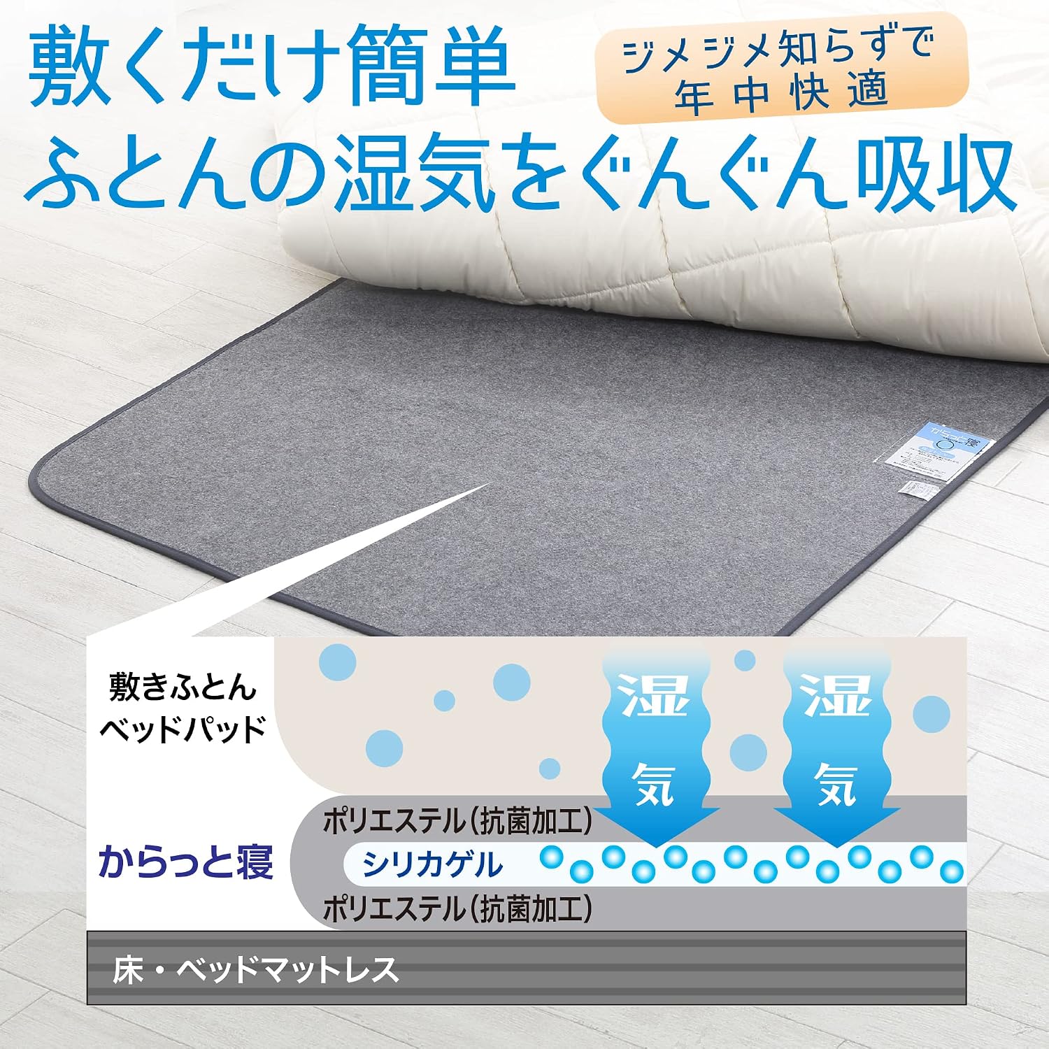 Detalle de 西川 CM02056502730 からっと寝 寝具用除湿シート シングル グレー・抗菌わた・吸湿センサー付き