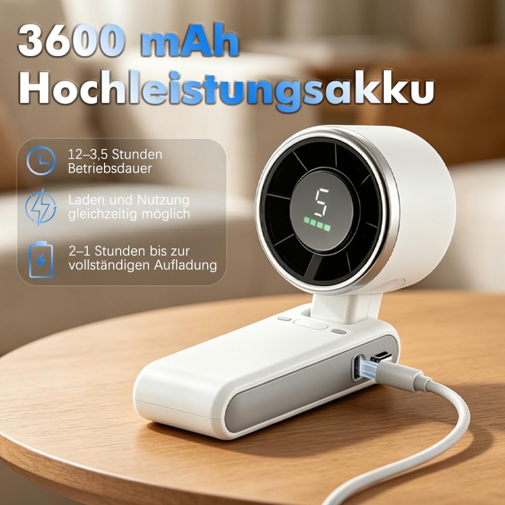 Thumbnail 4 de HOAMZ Handventilator – Tragbarer Mini Ventilator mit 5 Stufen, 3600 mAh Akku, USB-Aufladung