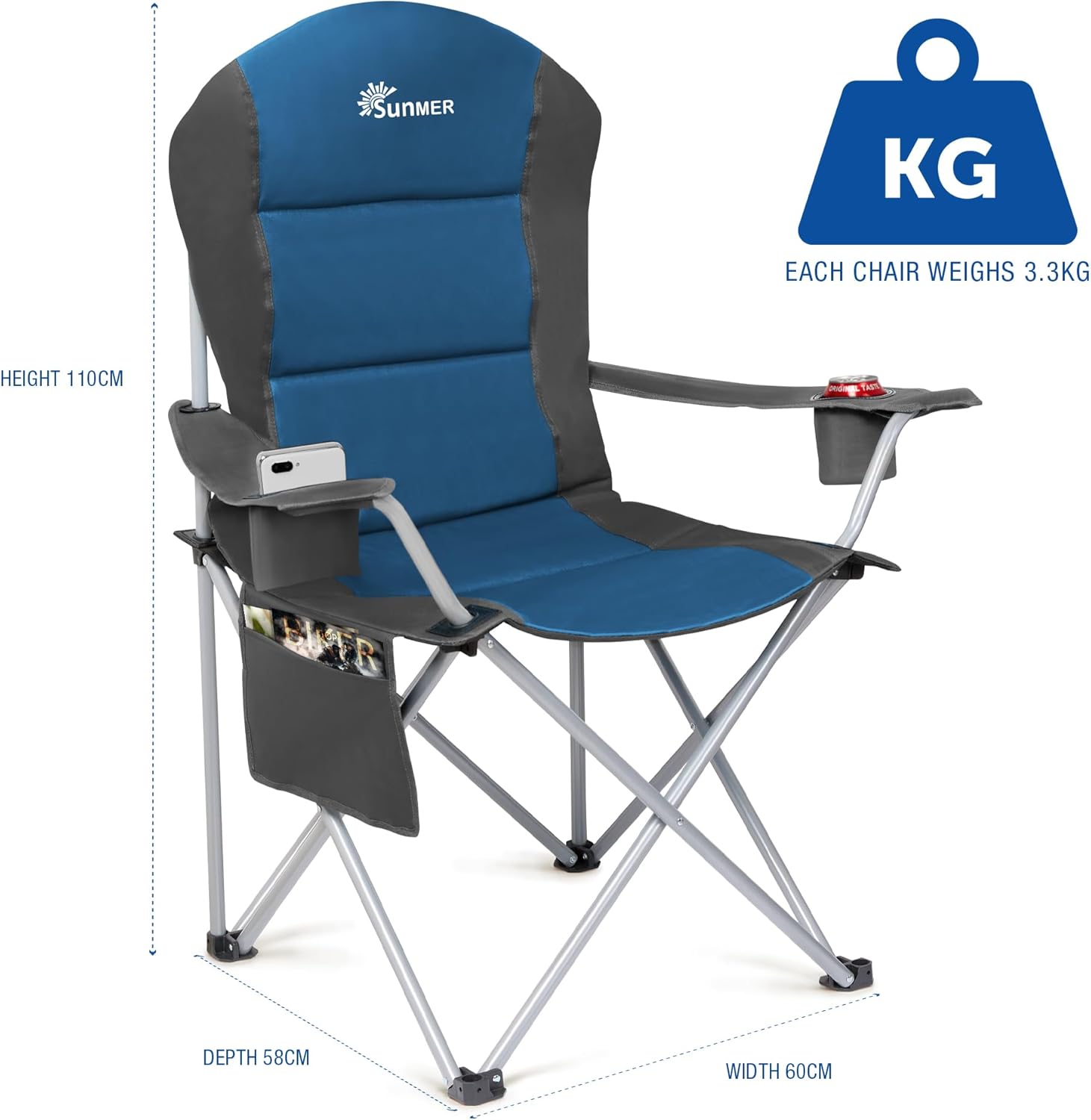 Detalle de SUNMER Padded Camping Chairs — Deluxe Folding Set of 2 with Cup Holders and Side Pockets