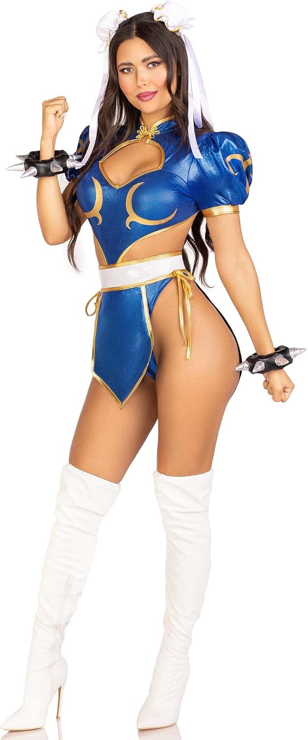 Detalle de Leg Avenue Women’s 4-Piece Chun Li Costume with Shimmer Bodysuit and Bun Covers