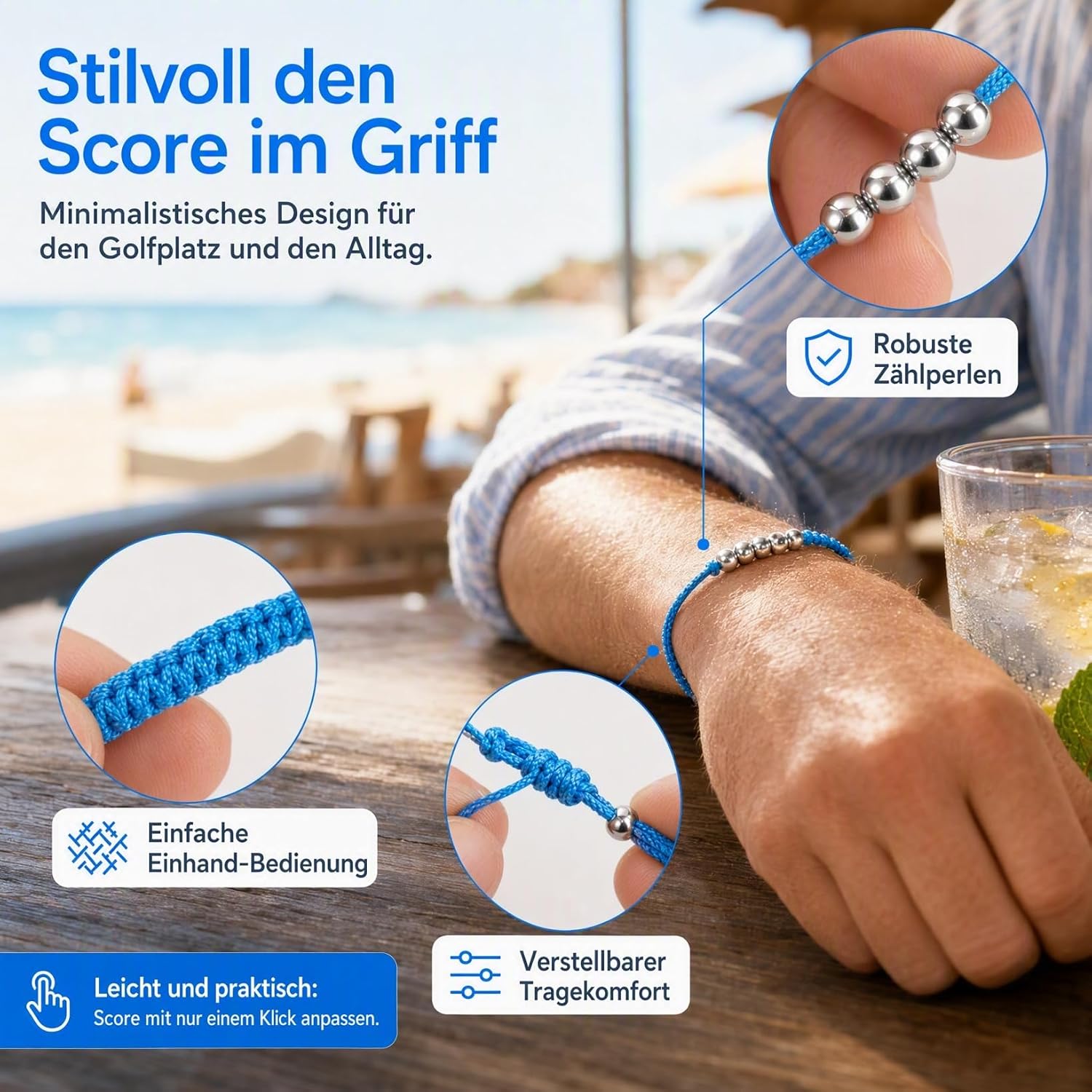 Detalle 2 de Healeved Golfarmband-Set: 5 Zählarmbänder mit 10 Zählperlen für das Score-Tracking auf dem Golfplatz