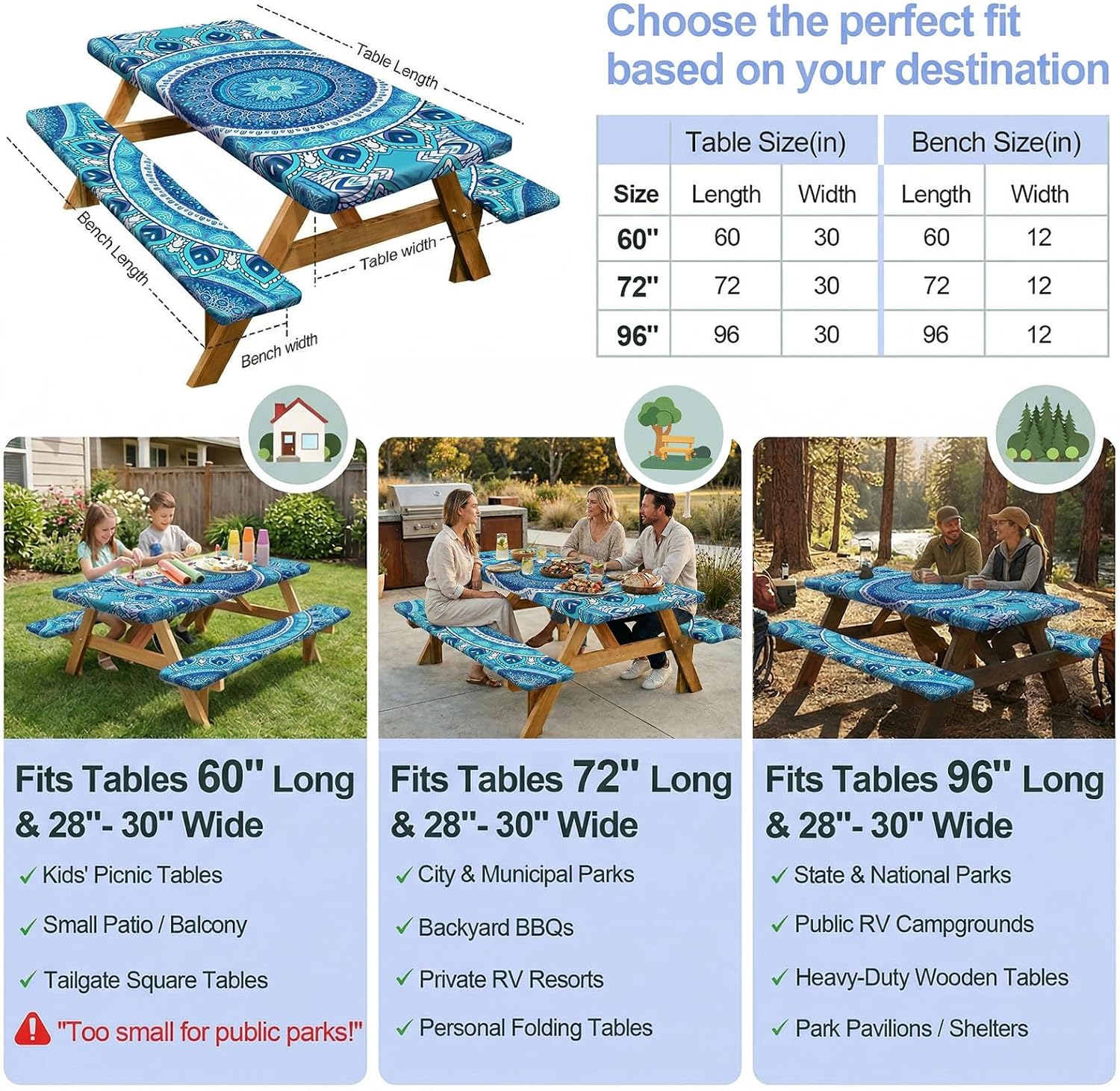 Thumbnail 4 de Picnic Table Cover with Bench Covers 3-Piece Set (72in, Air Superiority Blue) for 72" x 30" Tables