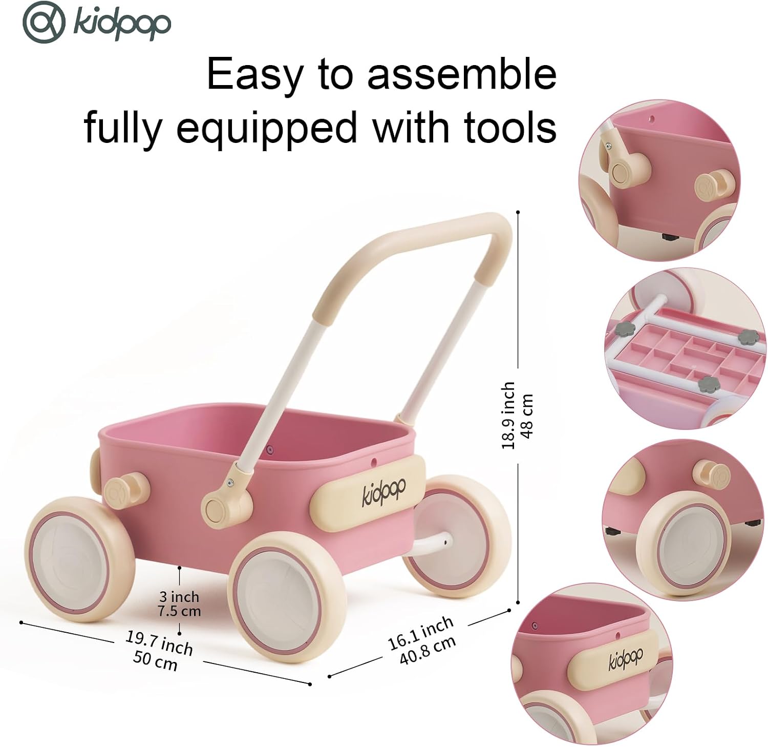 Detalle de Kidpop PULA Push & Pull Walker Wagon (Pink) – 2-in-1 push-and-pull toddler walker wagon for 7 months–3 years