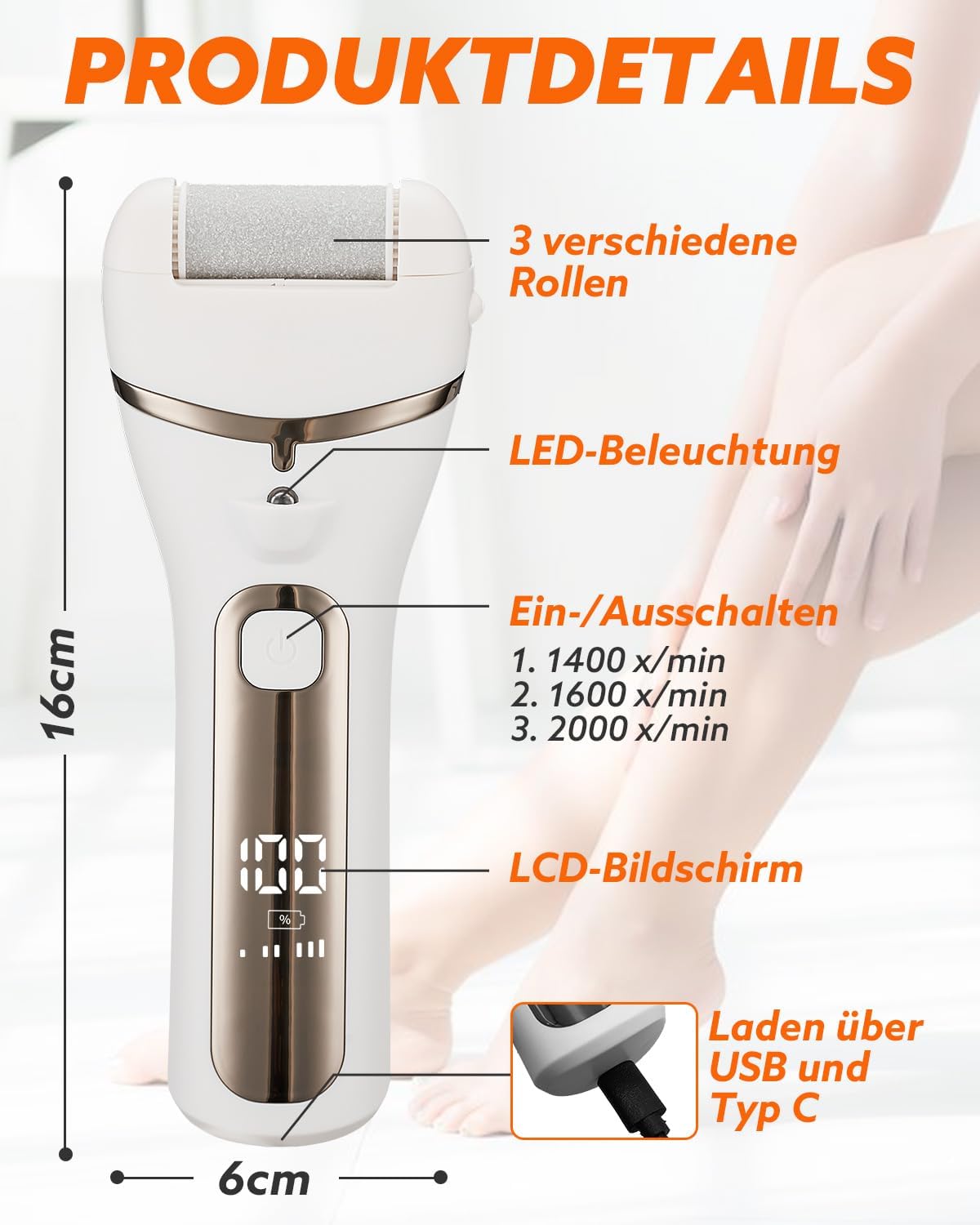 Detalle 2 de Hornhautentferner Elektrisch 1200 mAh
