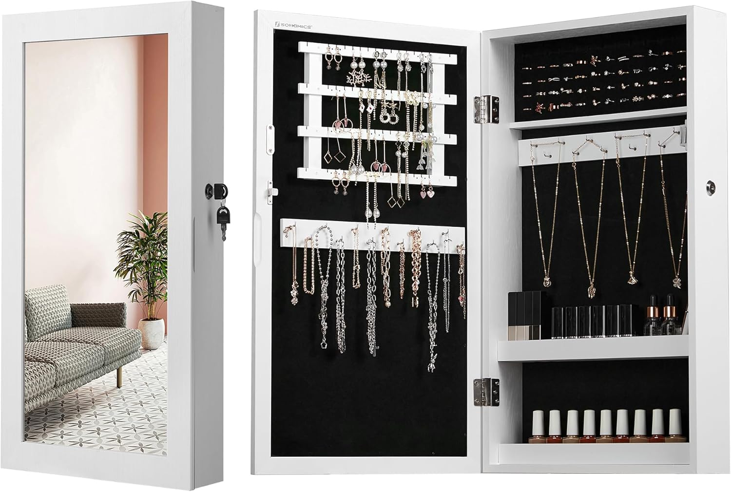 Detalle de SONGMICS armario joyero de pared JBC51W con espejo, blanco y forro negro