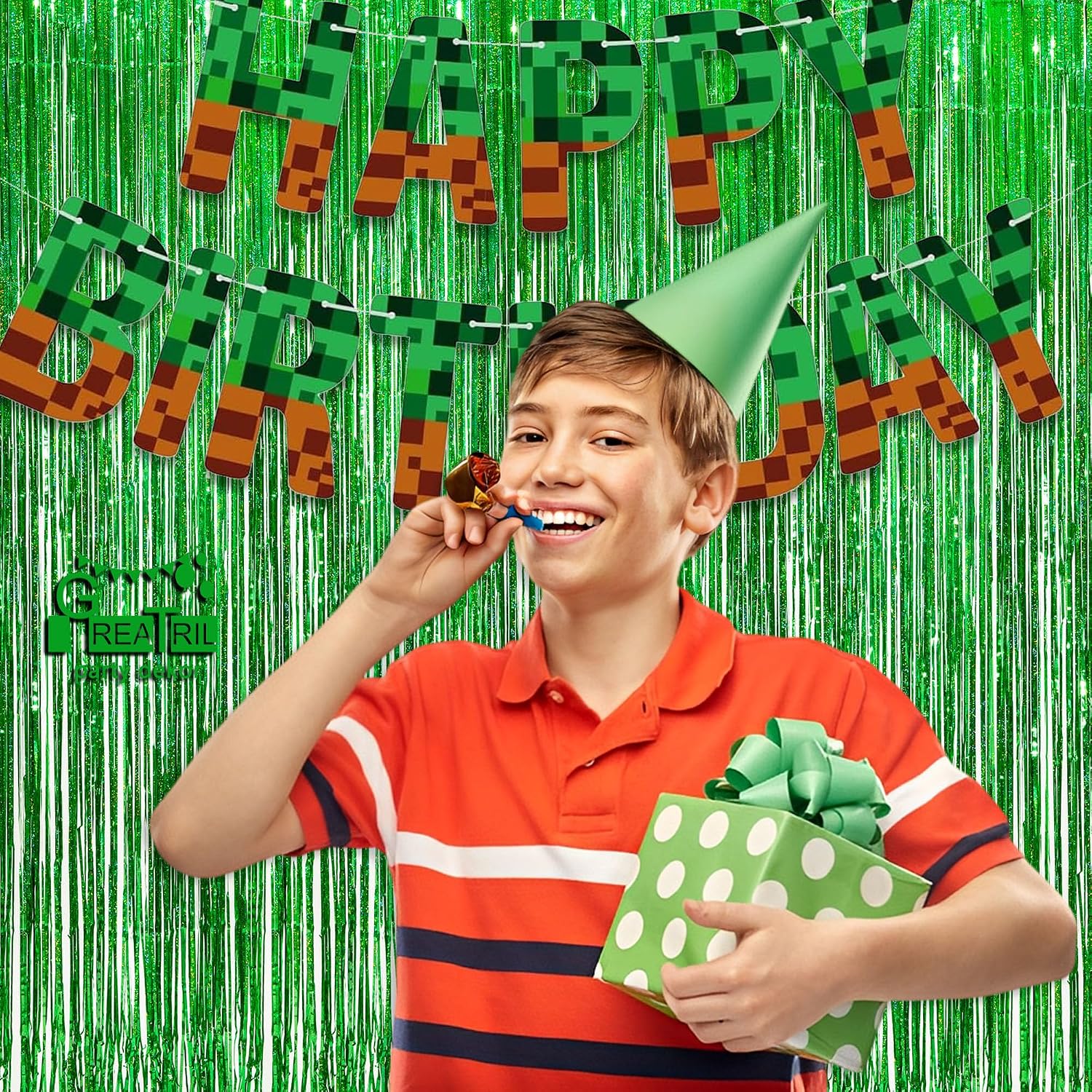 Thumbnail 2 de GREATRIL Lametta Vorhang Grün Glitzer – Party-Vorhänge als Foto-Hintergrund, Deko für Dino, Safari & Luau (2er-Set)