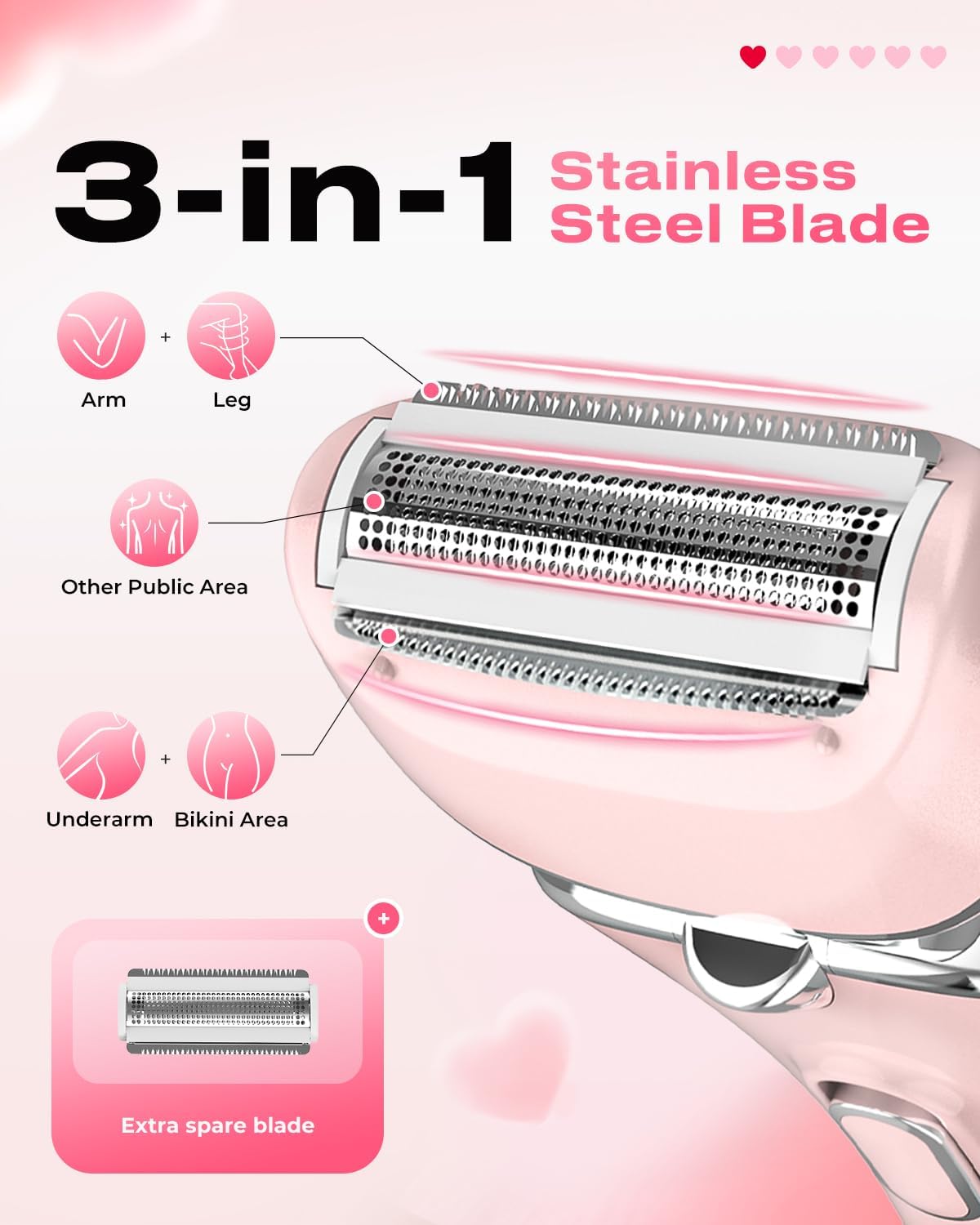 Detalle de Electric Razor for Women: Rechargeable Wet/Dry Shaver with 3 Blade Types and USB Dock