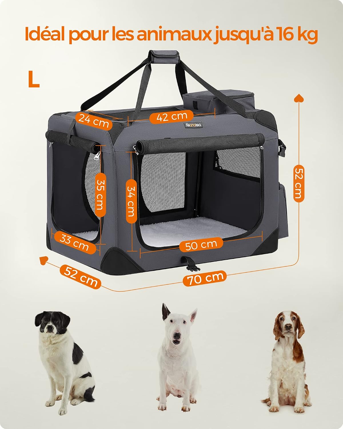 Detalle de Feandrea Sac Transport pour Chat et Chien – Caisse pliable en Oxford, cadre métal, 70 × 52 × 52 cm (Gris)