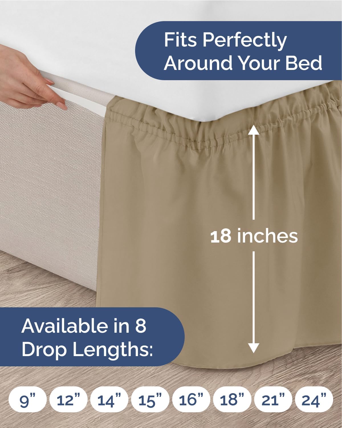 Thumbnail 3 de CGK Unlimited Wrap Around Dust Ruffle Bed Skirt (Beige) for Twin/Twin XL — 18" Drop, Easy Fit Elastic Strap