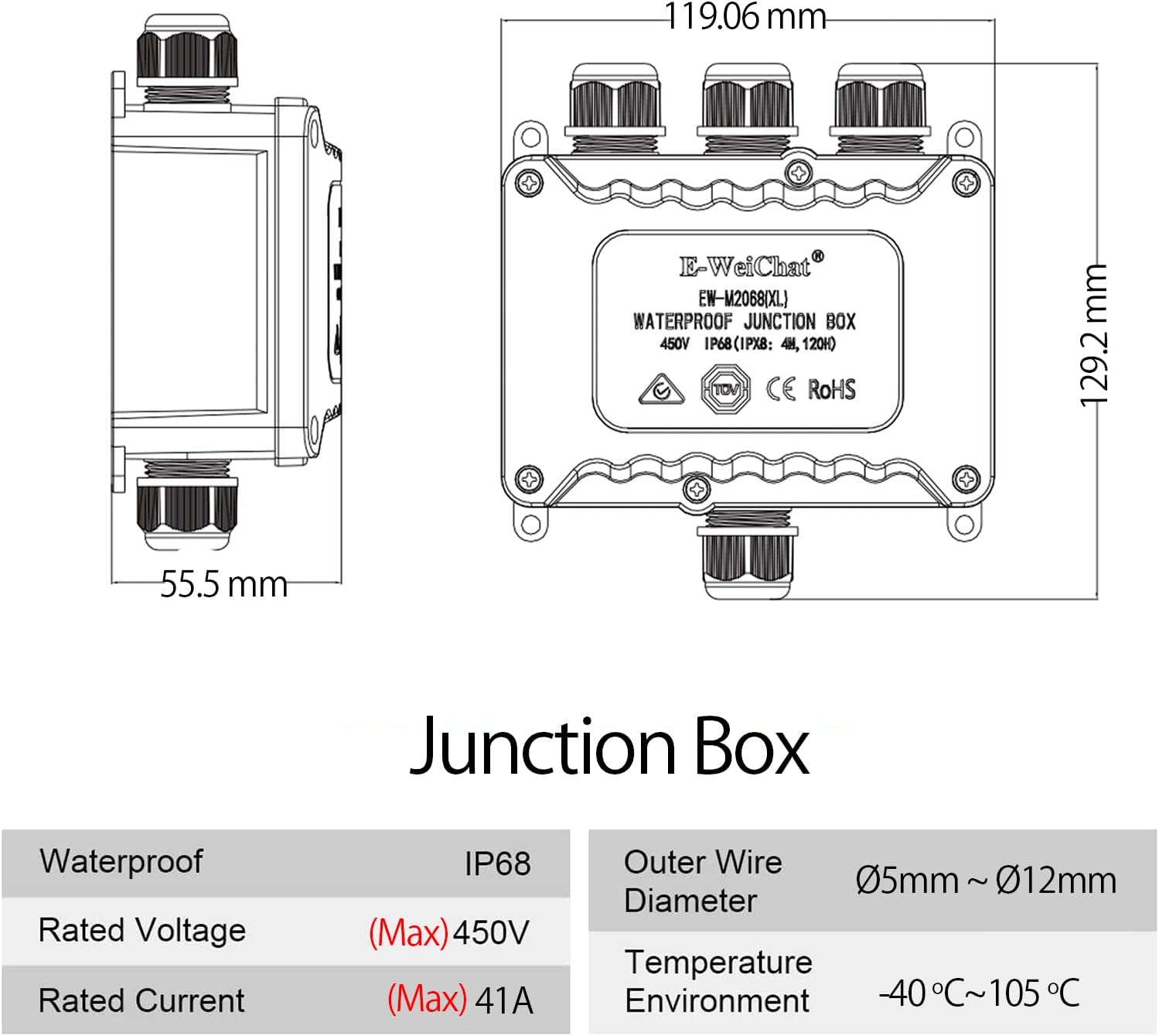 Detalle 2 de Wasserdichte Abzweigdose IP68 (Ø5–Ø12 mm) 4-Wege für Außenanlagen – TÜV-geprüft, schwarz