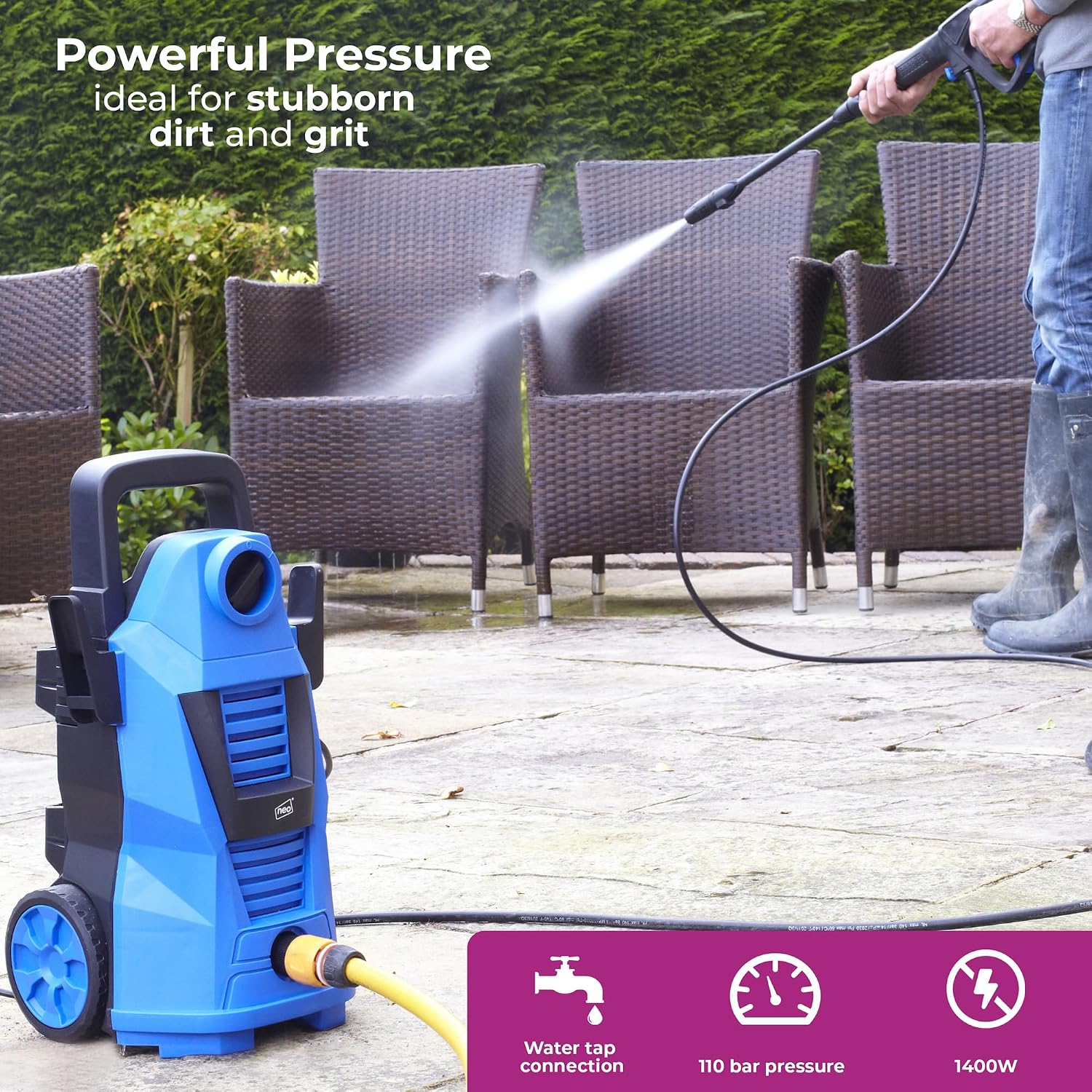 Detalle de Neo® Electric High Pressure Washer 110 Bar: Versatile Cleaning Power for Home, Car and More