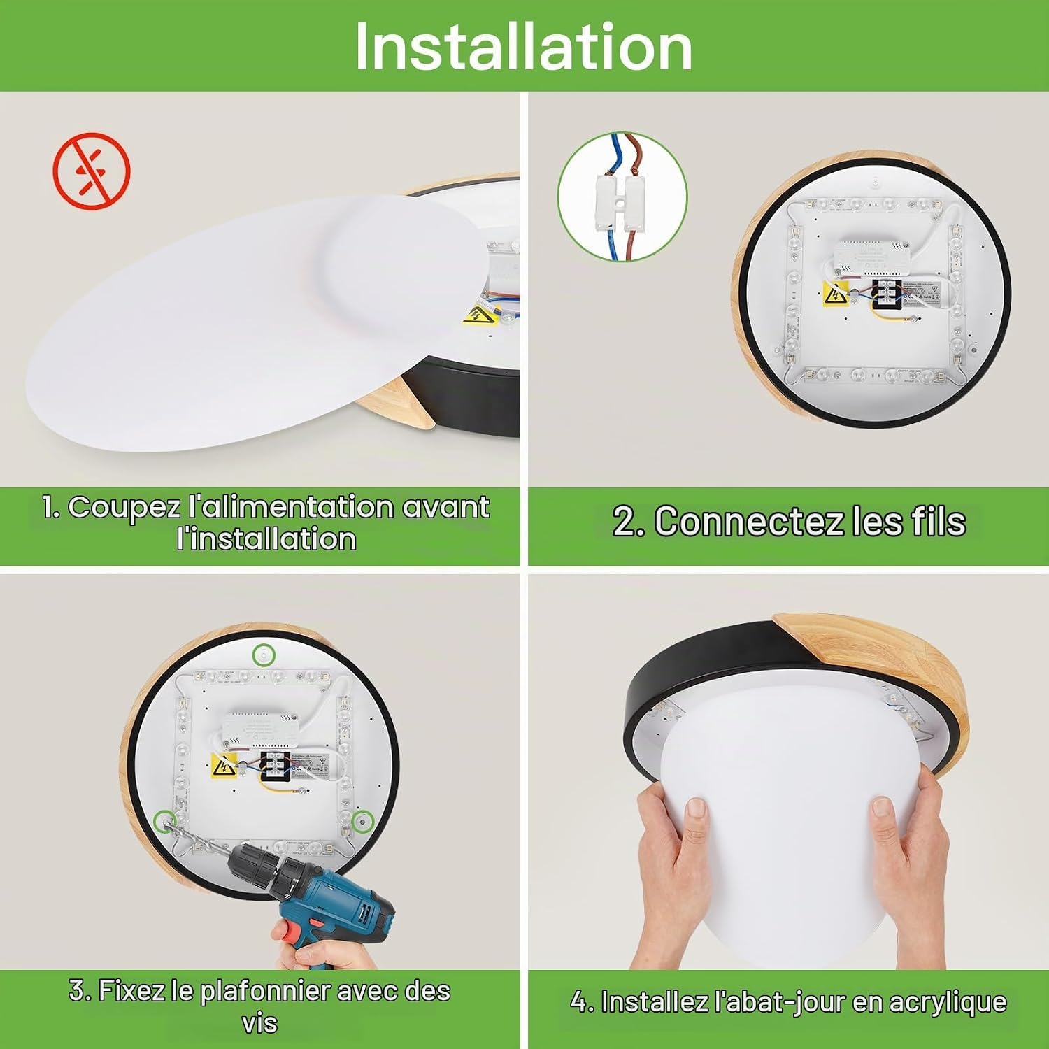 Detalle de Kimjo 963 ronde houten led-plafondlamp, 30 cm, 24 W, 3000 K