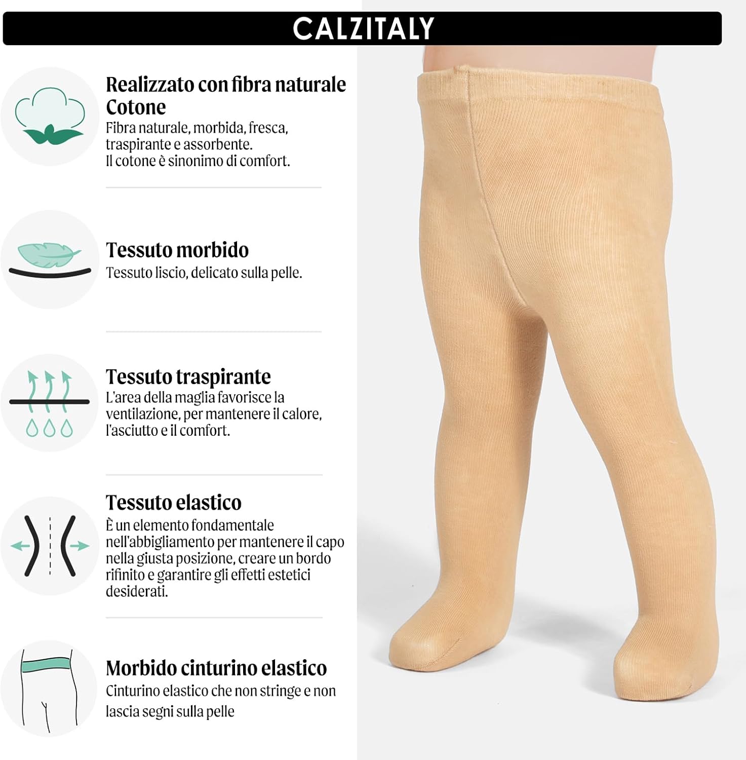 Detalle de CALZITALY Pack 2 Paia Collant Neonato in Cotone – 200 DEN, Made in Italy
