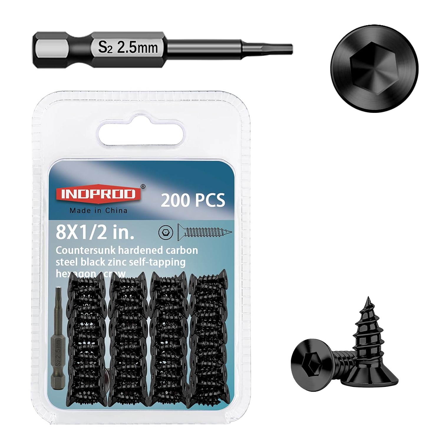 Detalle de INDPROD #8 x 1/2" Self-Tapping Screws, 200-Piece Black Zinc Set