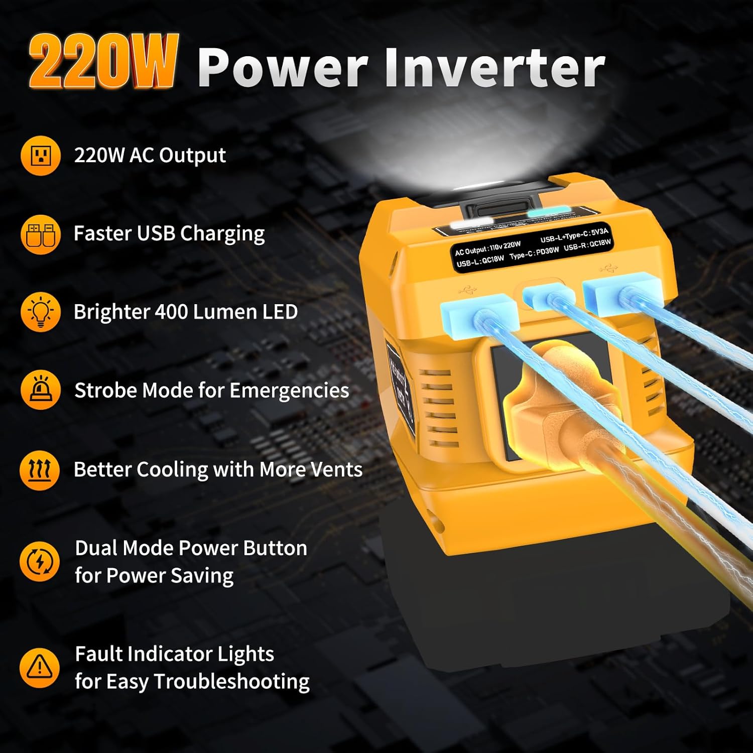 Detalle 2 de Kzreect 220W Power Inverter for DeWalt 20V/18V Batteries
