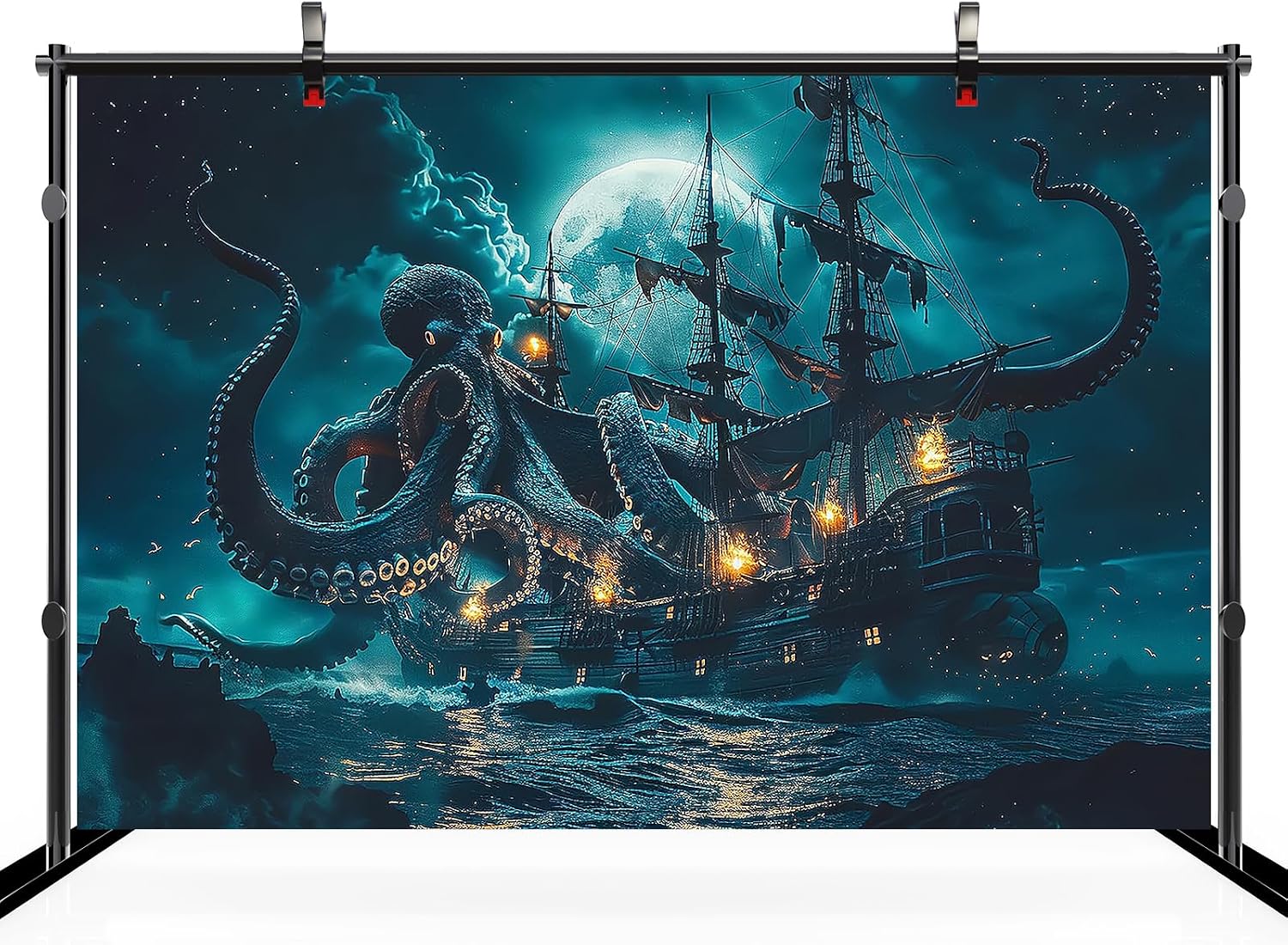Detalle de 2.1m x 1.5m Halloween Pirate Ship Backdrop with Creepy Octopus (Nautical Horror Theme)