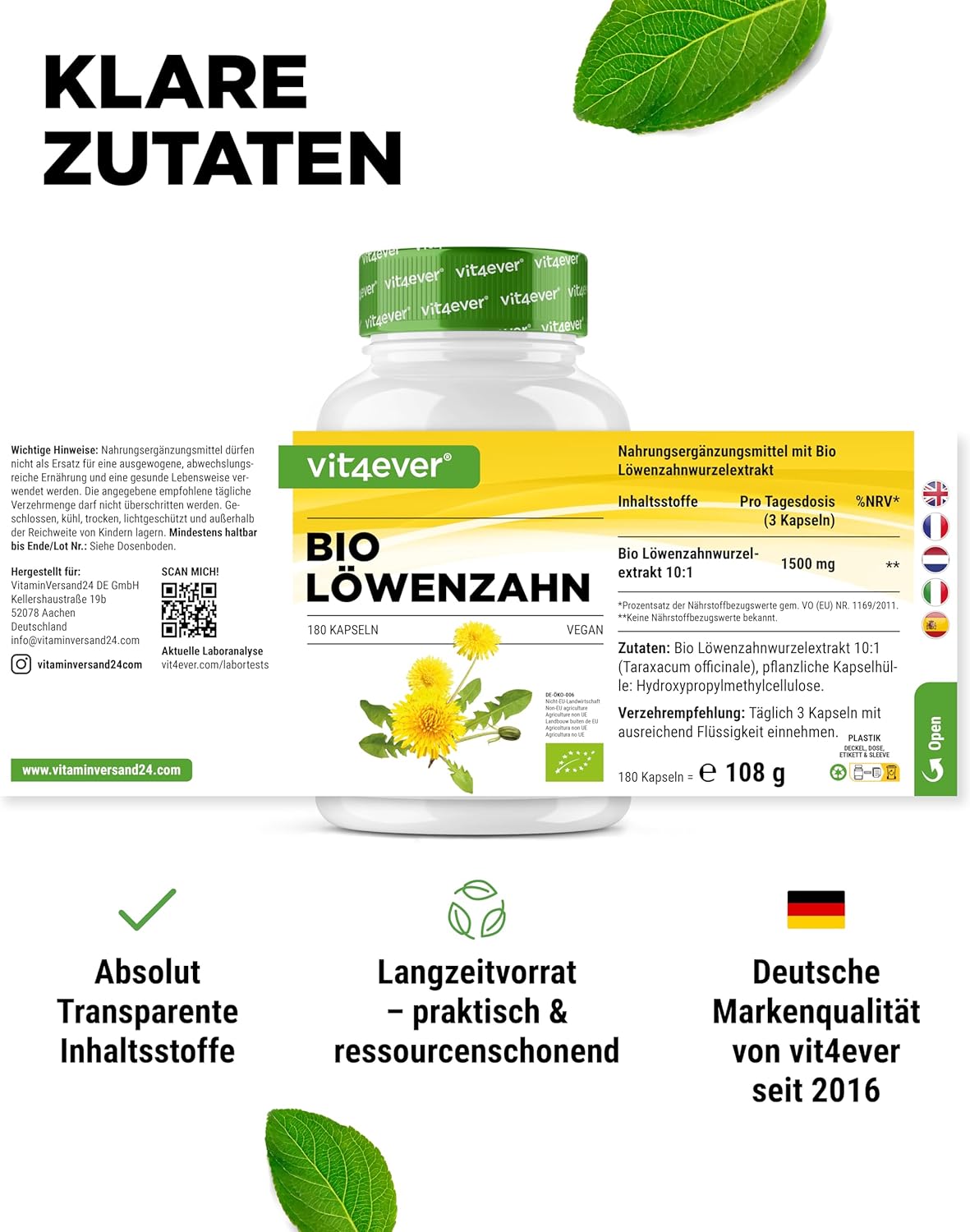Thumbnail 4 de vit4ever Bio Löwenzahn – 180 Kapseln (1.500 mg Löwenzahnwurzelextrakt, 10:1)