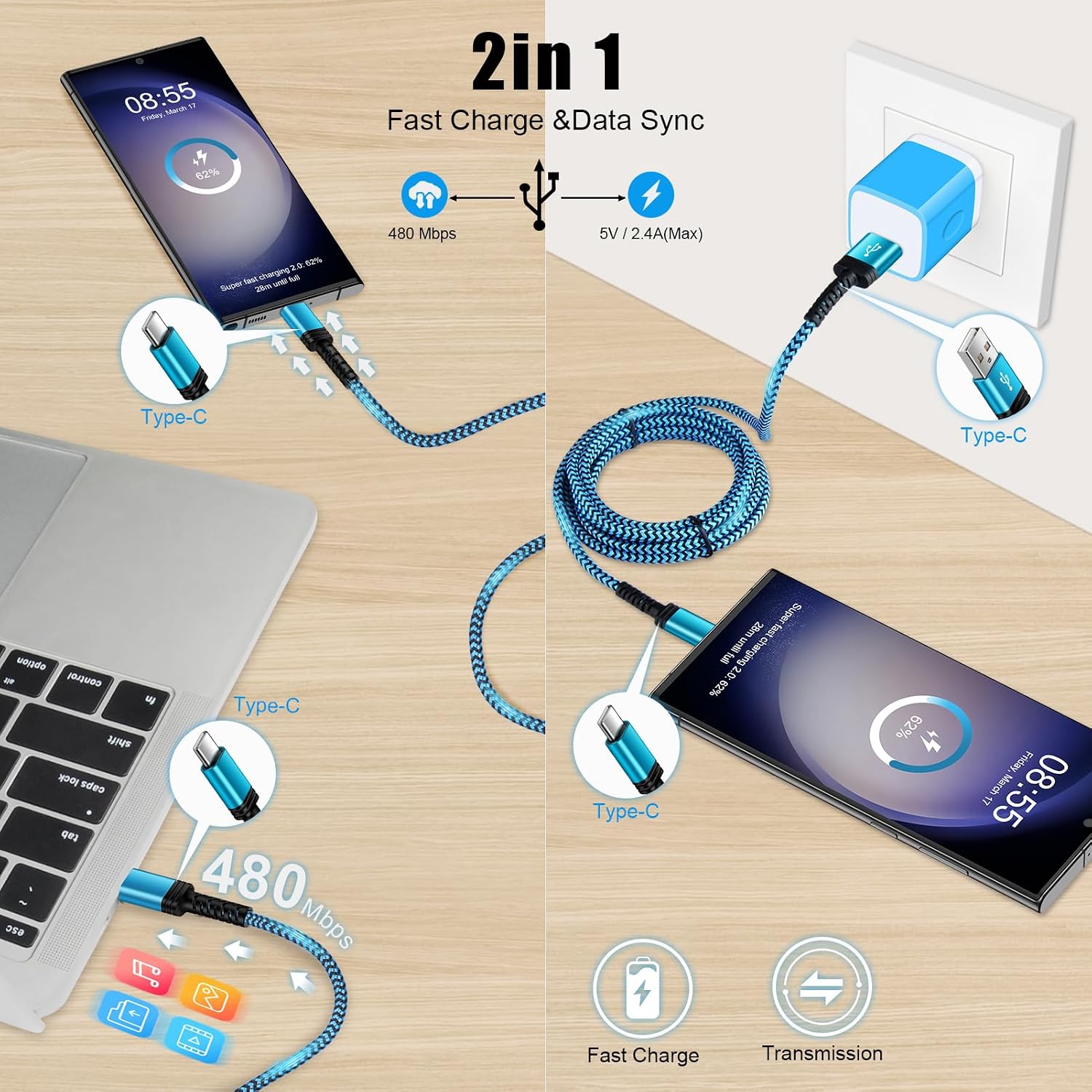 Thumbnail 6 de 10FT/3Pack USB C Cable: 3.1A Fast Charging & Sync for iPhone, Samsung, Pixel