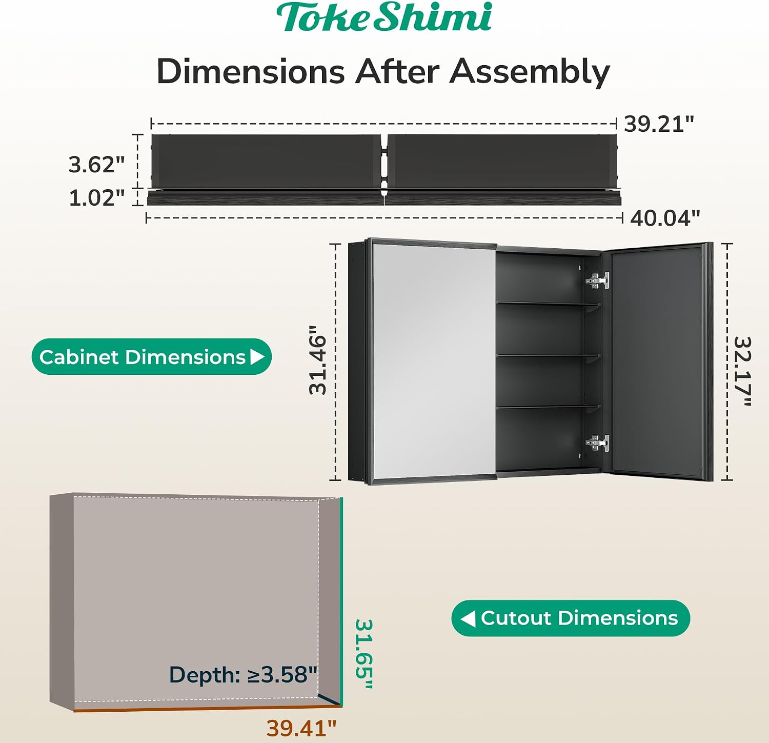 Thumbnail 1 de TokeShimi 40 x 32 Inch Black Medicine Cabinet with Mirror, 6 Adjustable Shelves