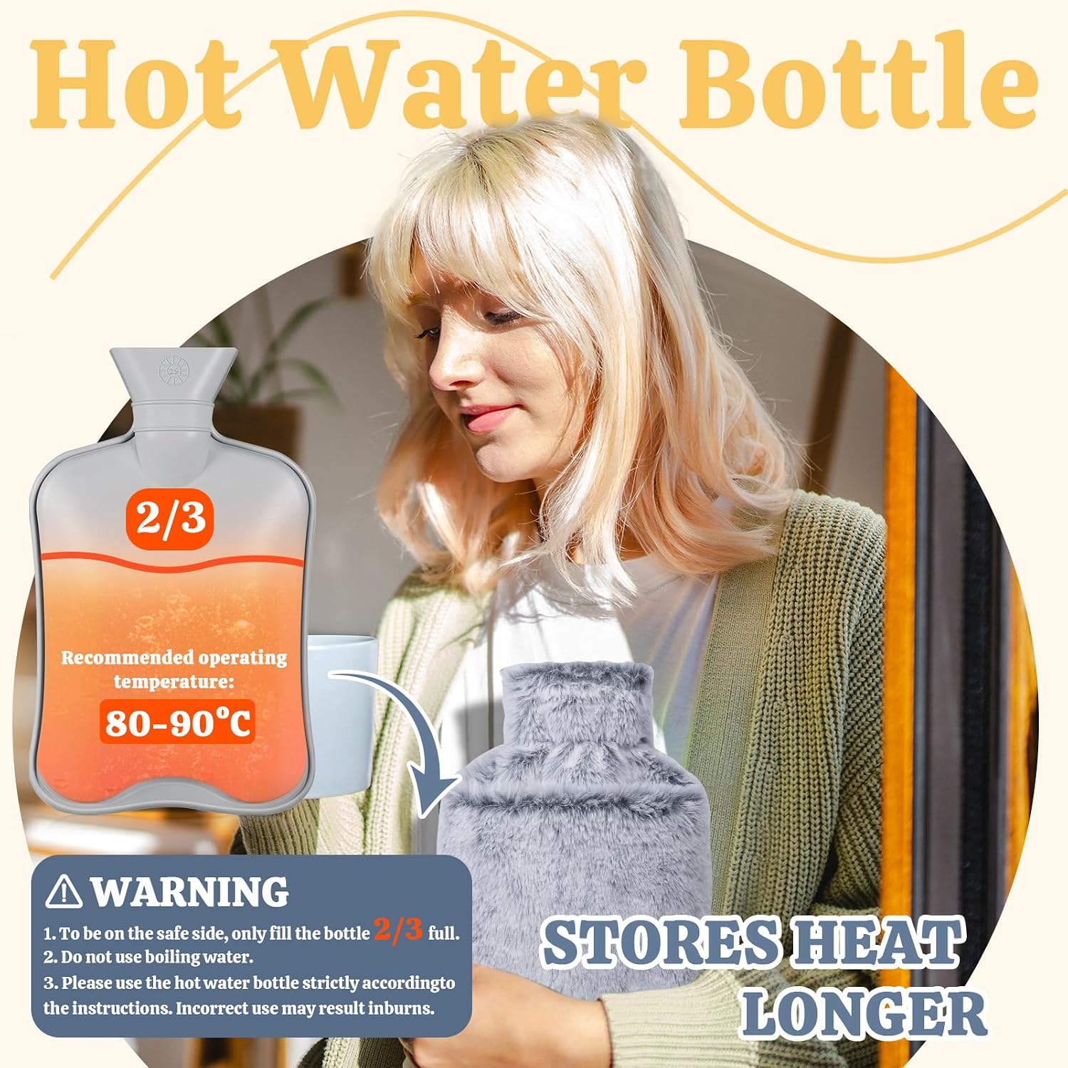 Thumbnail 4 de HAOCEE Wärmflasche mit Bezug (2 L) mit Känguru-Tasche – grau