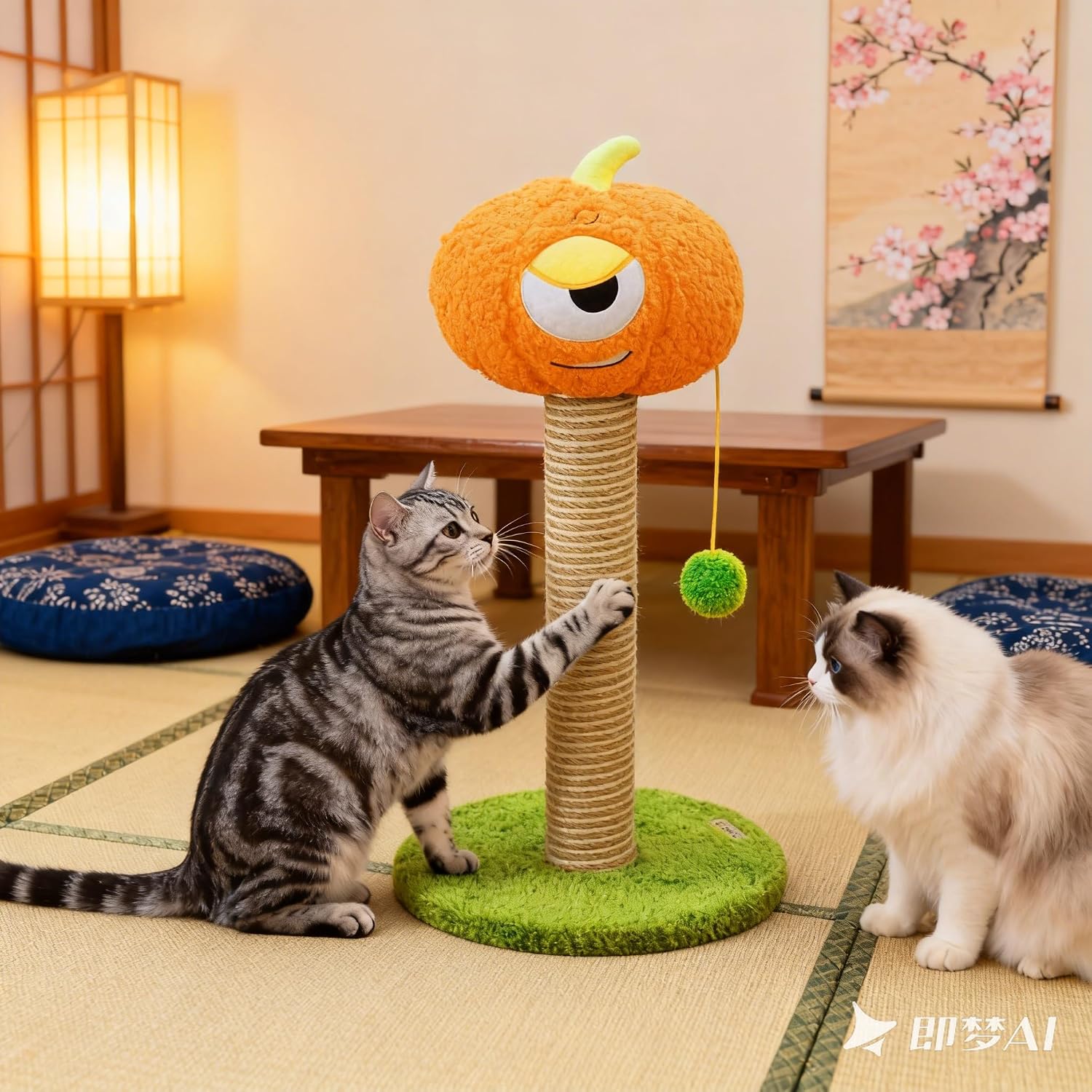 Detalle de Pumpkin Cat Scratching Post for Kittens – Soft Velvet Base, Play Ball, 30 × 30 × 60cm