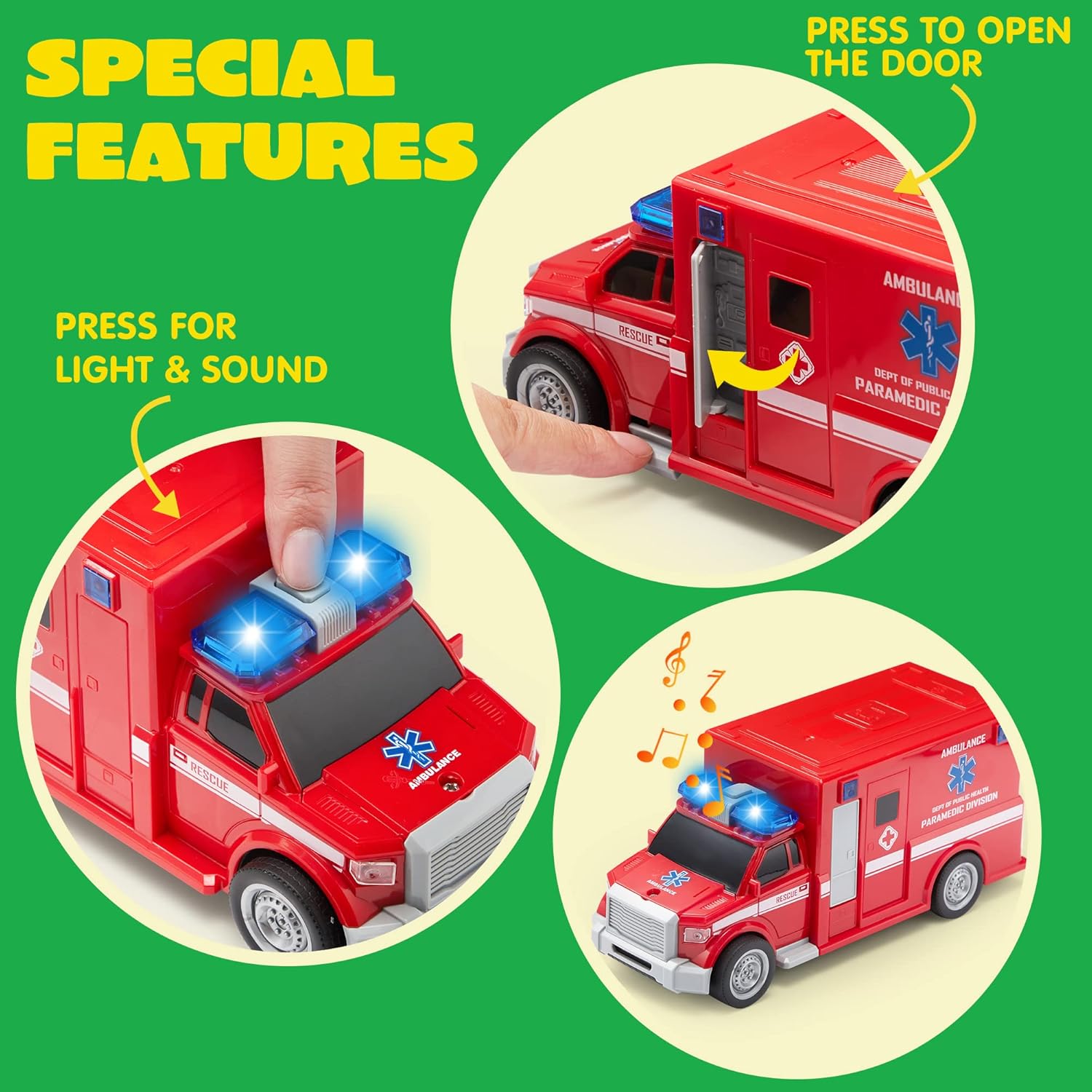 Detalle de JOYIN 4-Piece 7-Inch Vehicle Toy Set (Police Car, School Bus, Garbage Truck, Ambulance) With Lights & Siren Sounds
