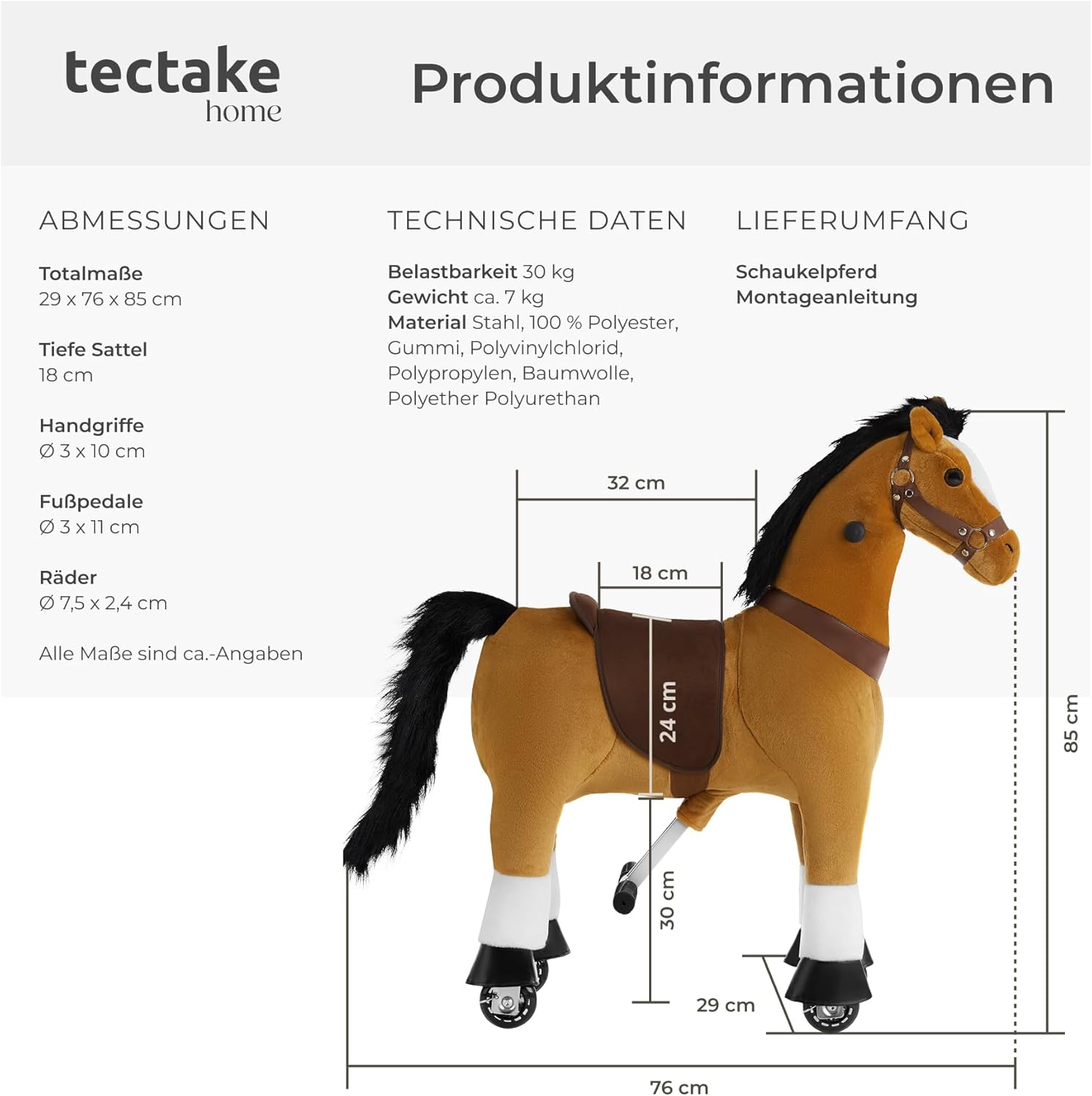 Thumbnail 5 de tectake® Schaukelpferd mit Rollen: Plüsch-Stehpferd zum Draufsitzen & Reiten (29 x 76 x 85 cm)