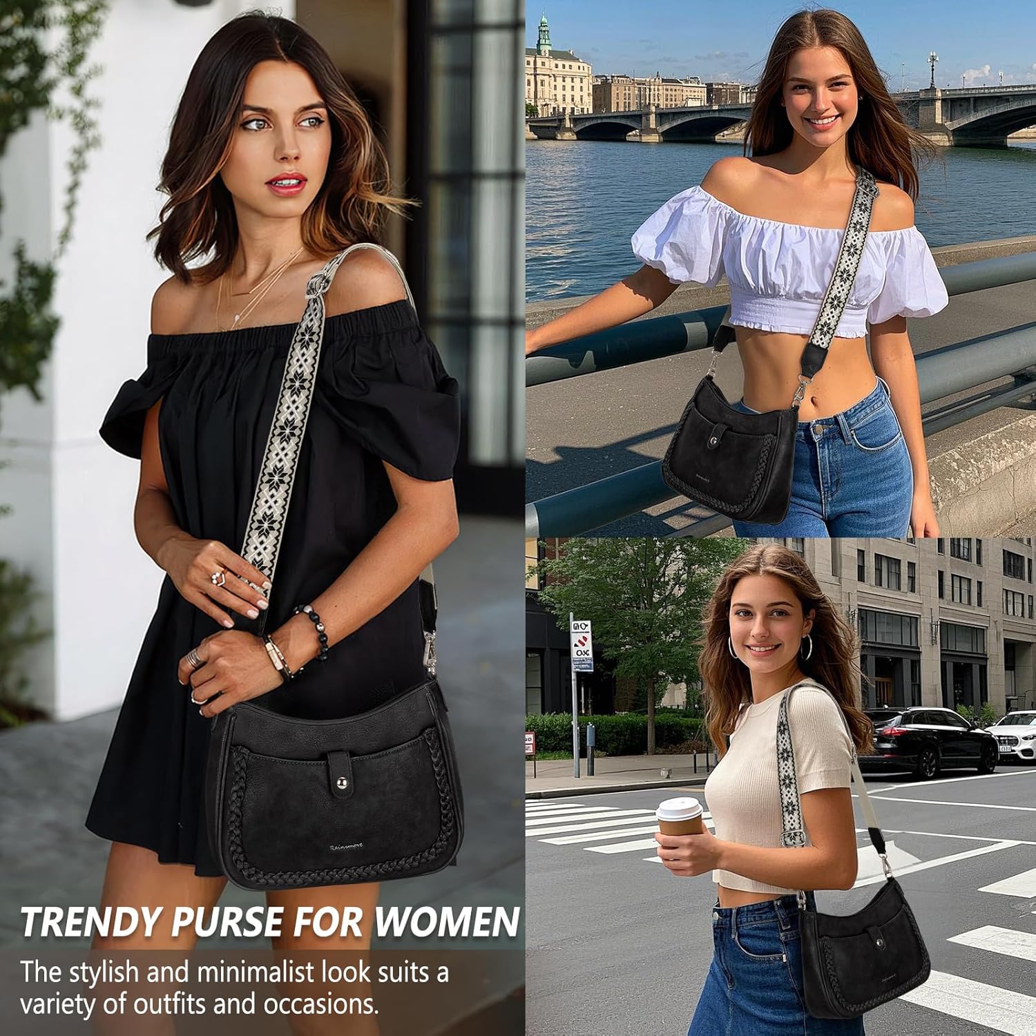 Thumbnail 1 de RAINSMORE Umhängetasche Damen mittelgroß (27×8×19 cm) mit breiten Schultergurten und 5 Fächern