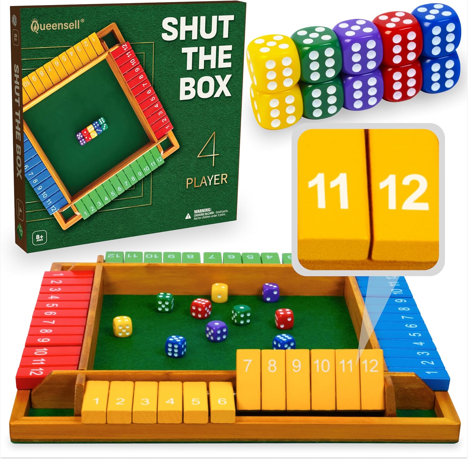 Detalle de Shut The Box Großes 4-Spieler-Brettspiel aus Holz – 12er-Ausführung, 35,5 cm
