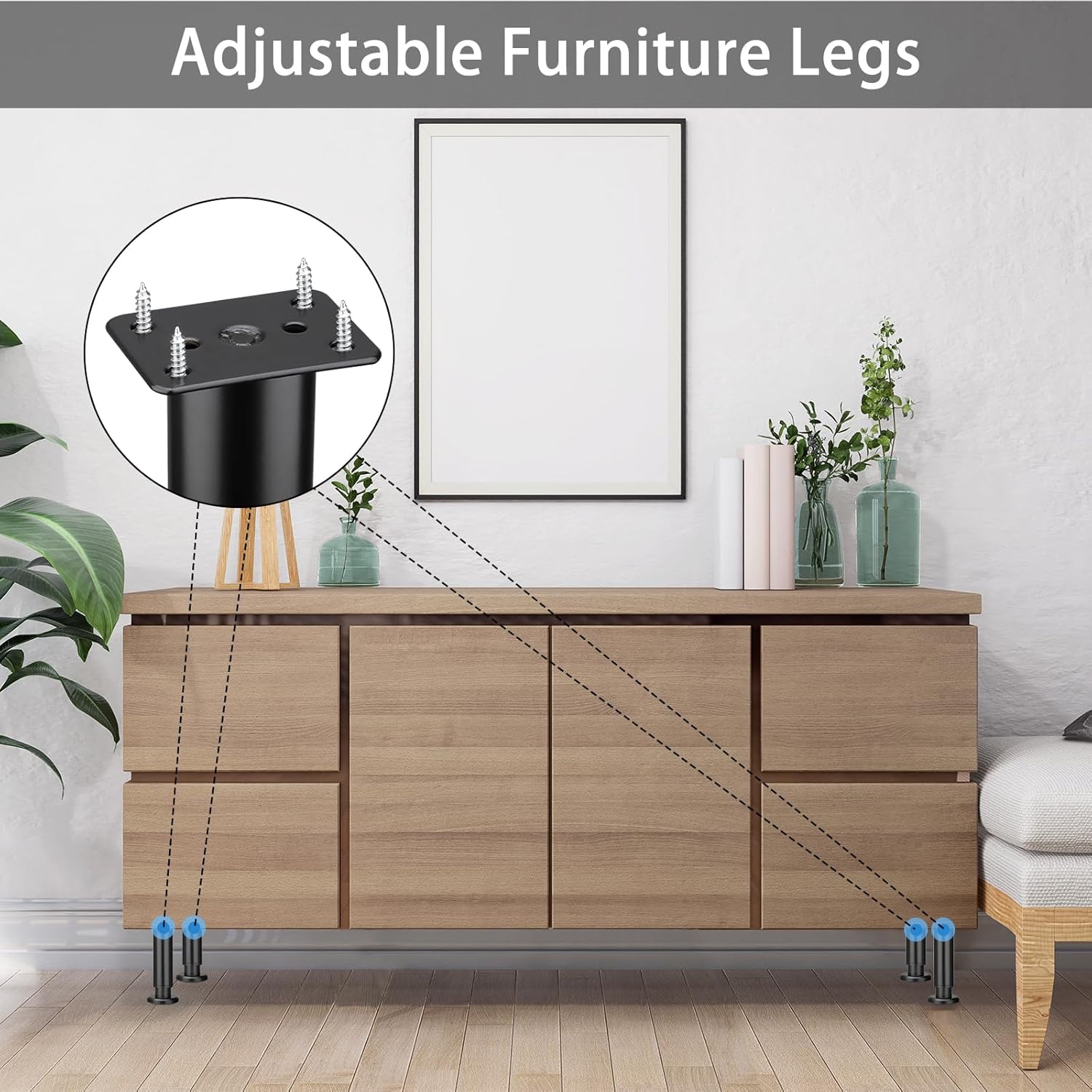 Detalle de Zocipro 4 Pack Heavy Duty Adjustable Furniture Legs – Black Metal Cabinet Legs (12-18cm) with 16 Screws
