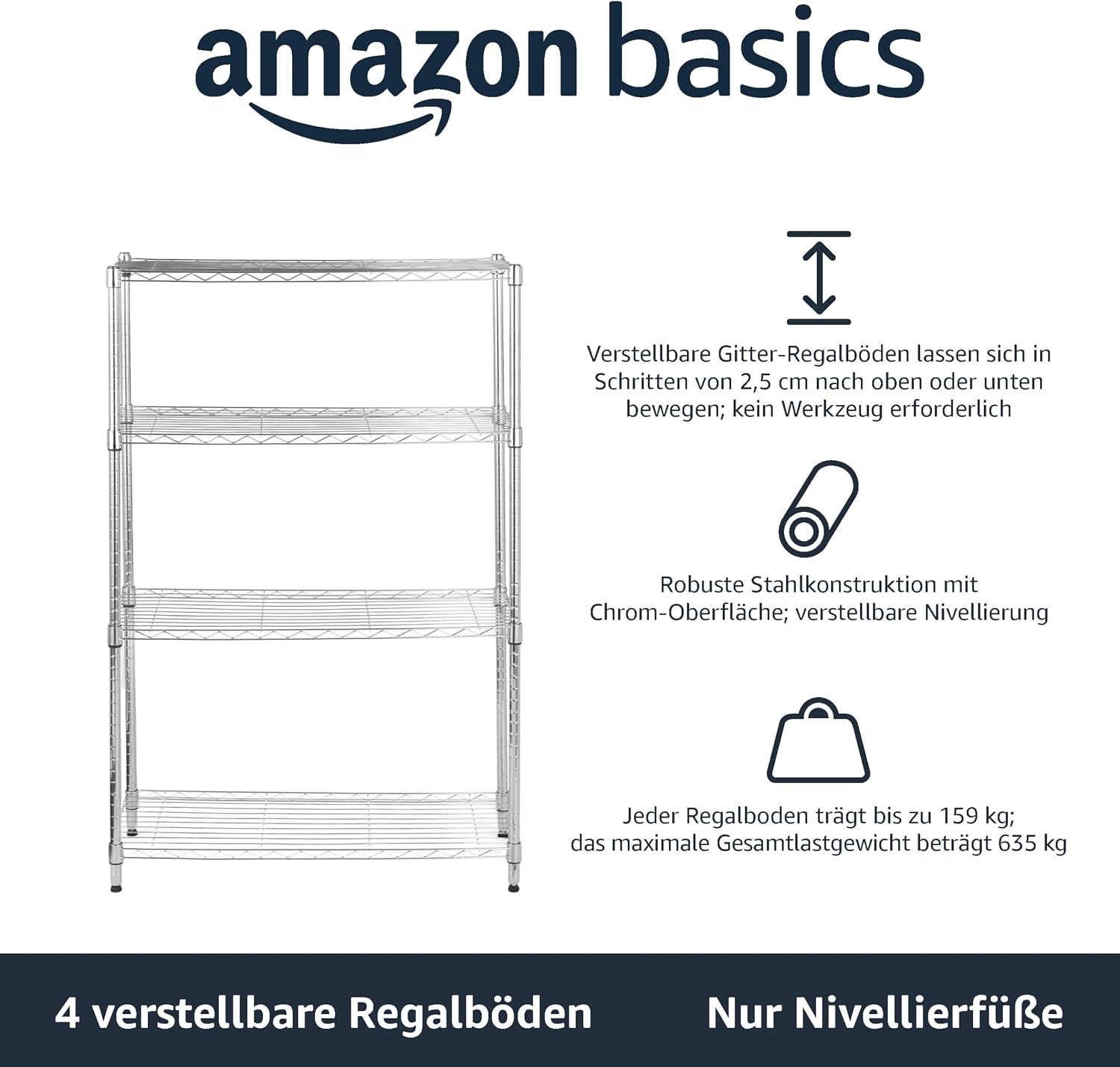 Detalle de Amazon Basics Aufbewahrungseinheit mit 4 Regalböden – höhenverstellbar, Nivellierfüße, Chrom