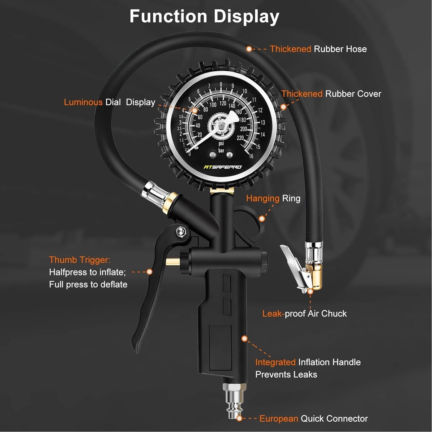Thumbnail 3 de ATsafepro 3-in-1 Car Tyre Inflator Gauge with Pressure Gauge (up to 16 Bar / 220 PSI)