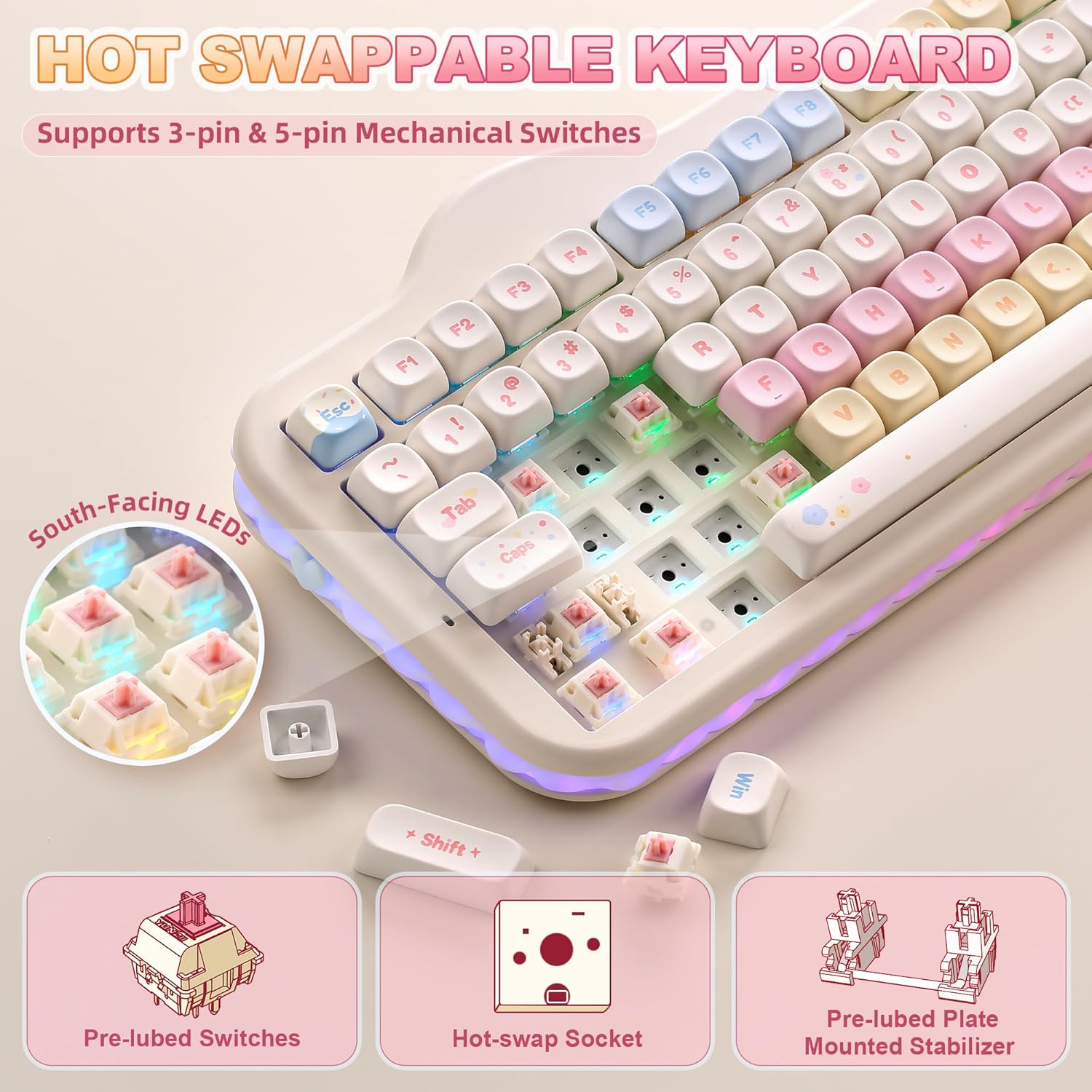 Detalle de YUNZII C98 Drahtlose Mechanische Tastatur mit Nummernblock – Beige, Candy Linear Switch