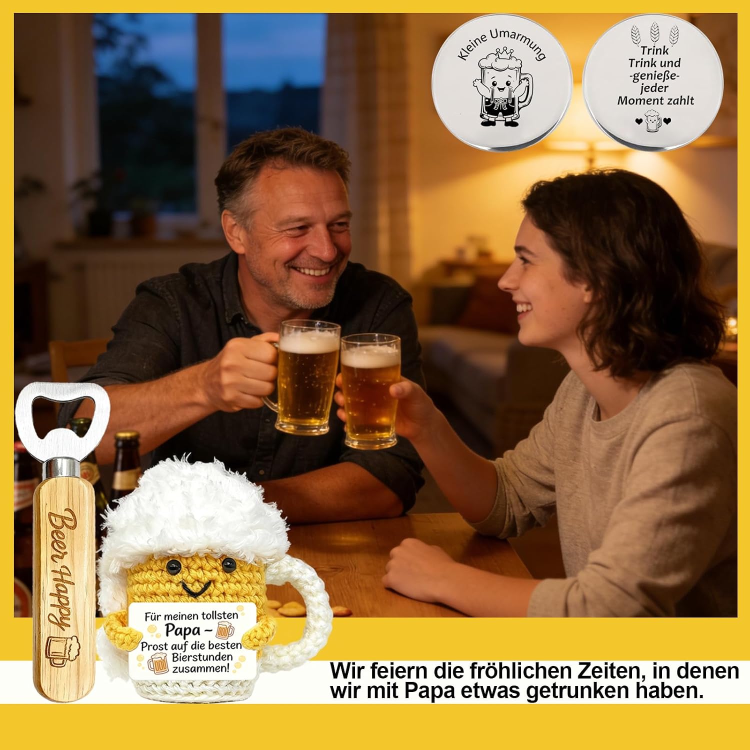 Detalle de 3-teiliges Bier Geschenkset für Männer – Handgestrickte Bierpuppe mit Flaschenöffner & Glücksbringer Münze