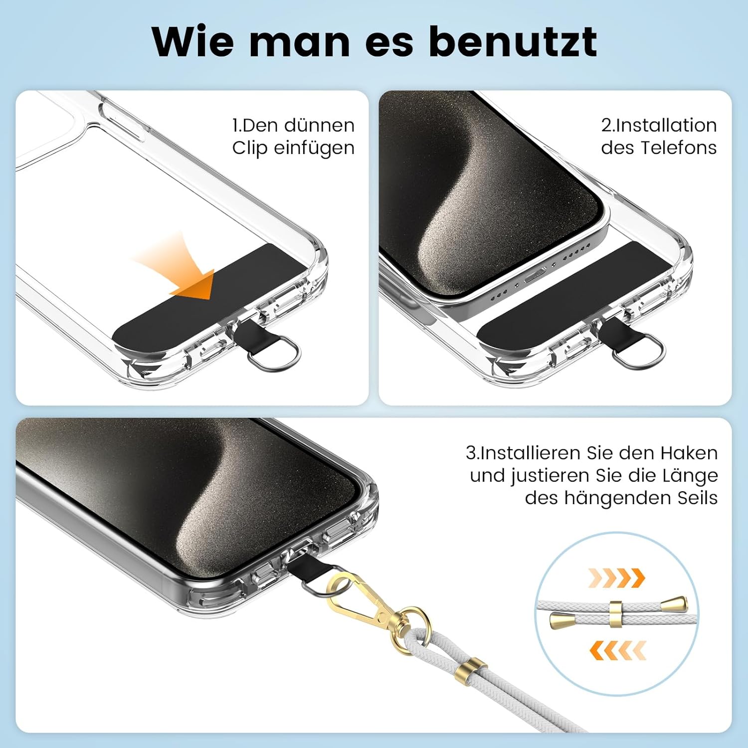 Thumbnail 3 de OLEPHY Cordon Téléphone Portable – Tour de Cou Universel avec 2 patchs ultraminces, Gris Argent