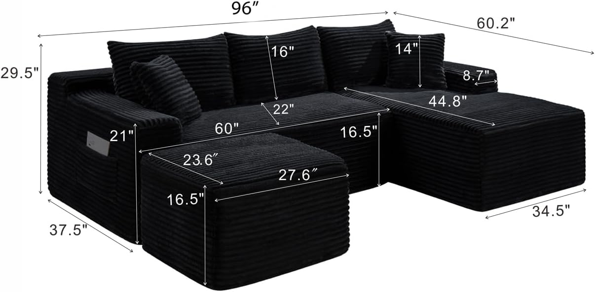 Detalle 2 de Yomsum SF658Black-RU 96-Inch Modular Corduroy Sectional Sofa with Deep Seat