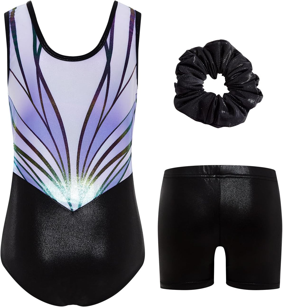 Thumbnail 6 de JiAmy gymnastikdräkt för flickor med glitter, shorts och scrunchie, 3 delar